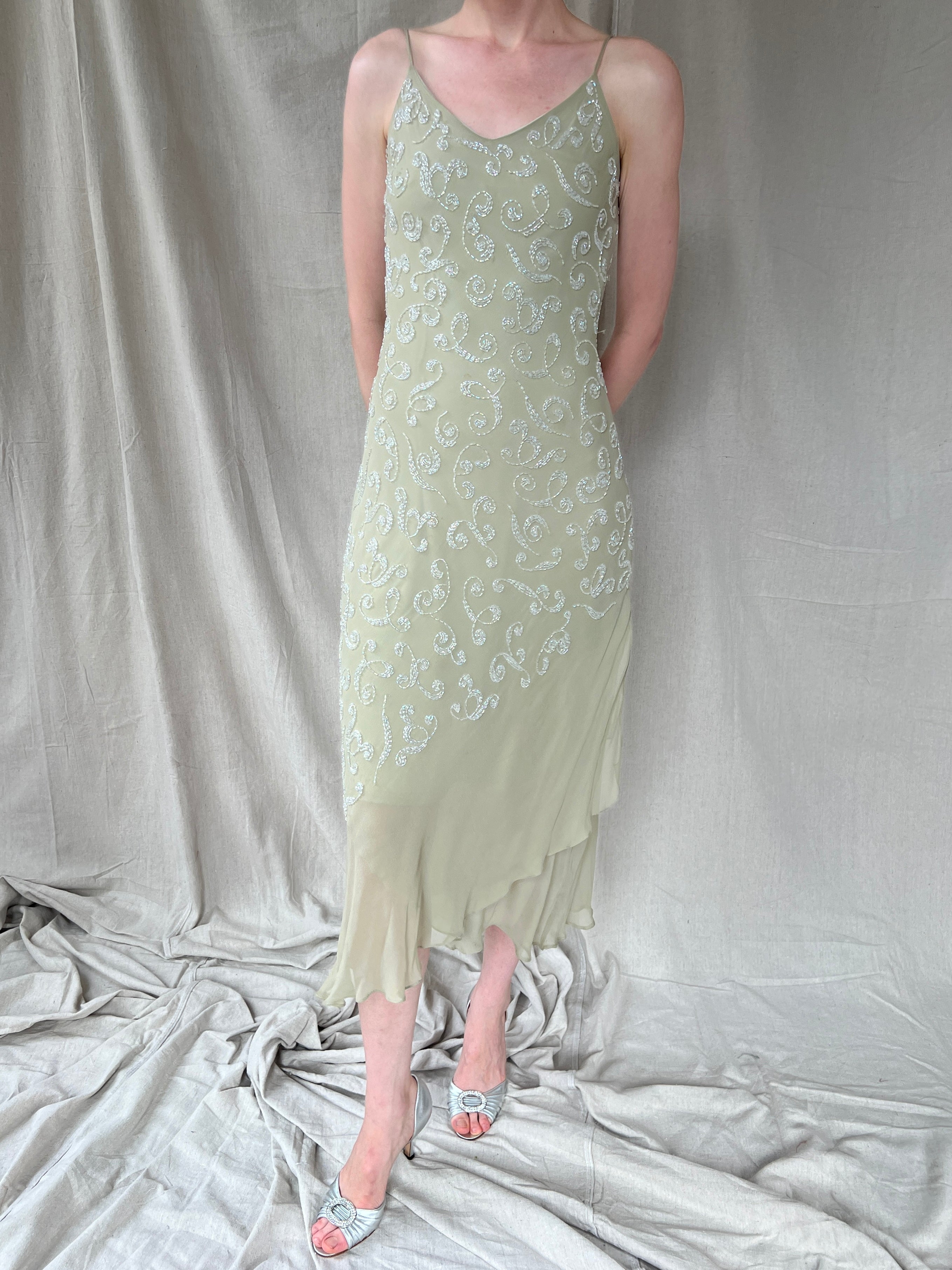Sue Wong Celery Green Silk Chiffon Beaded Dress