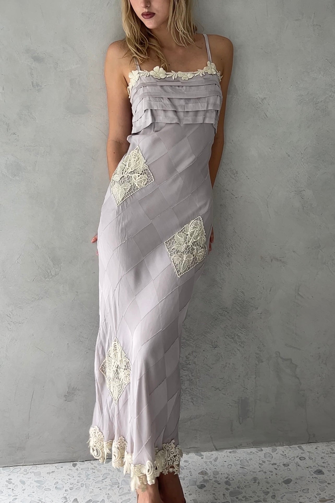 crochet silk dress Lavender Silk Diamond Crochet Dress