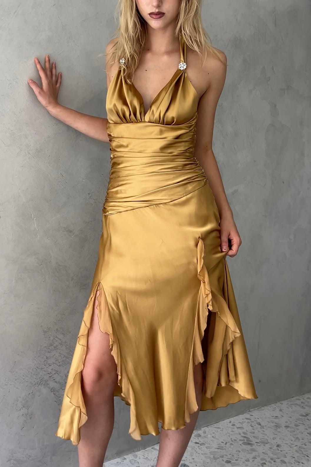 Cache Gold Silk Satin Halter Dress Cache Gold Silk Satin Halter Dress