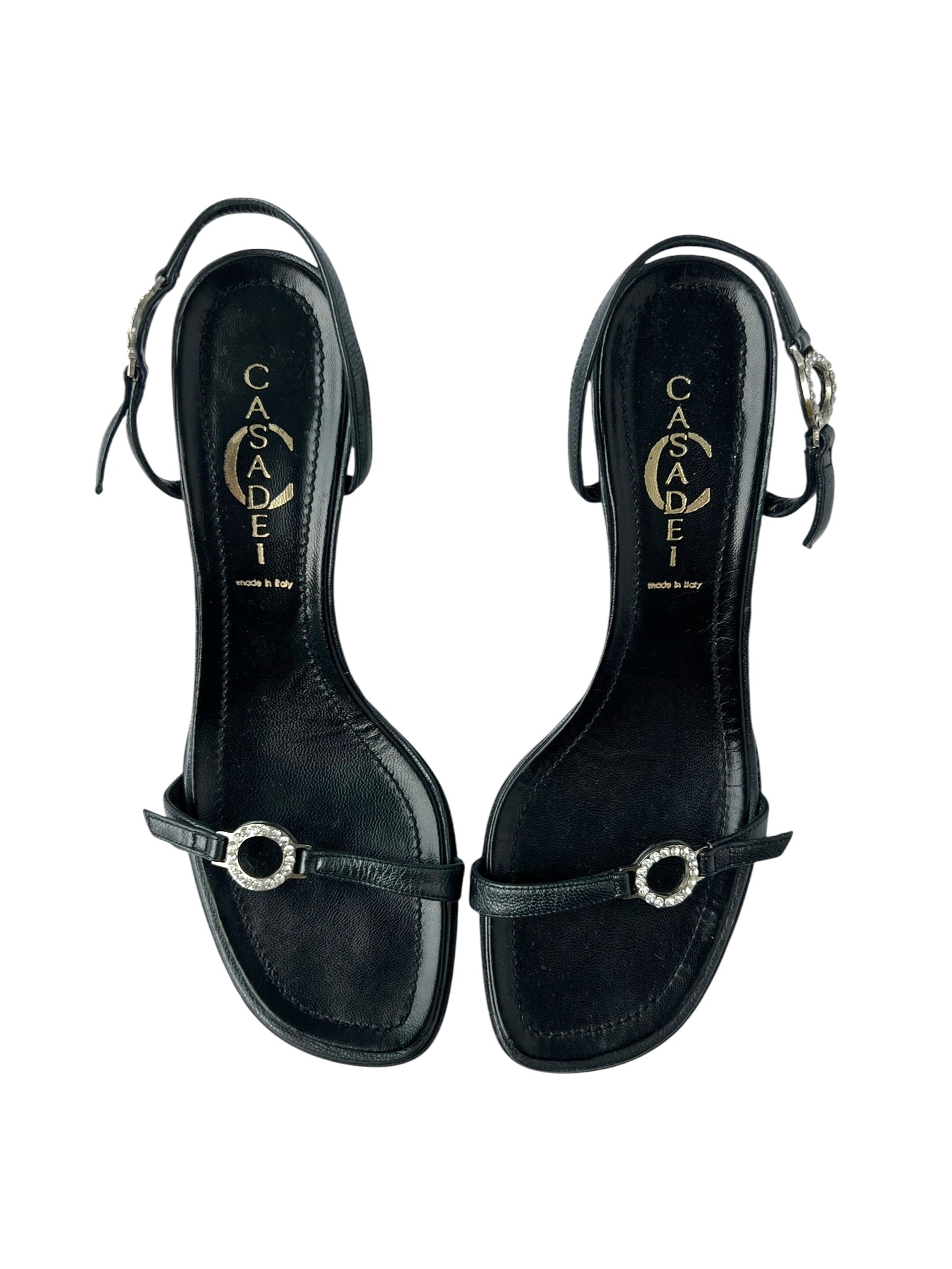 Casadei Black Leather Rhinestone Heeled Slingback Sandals