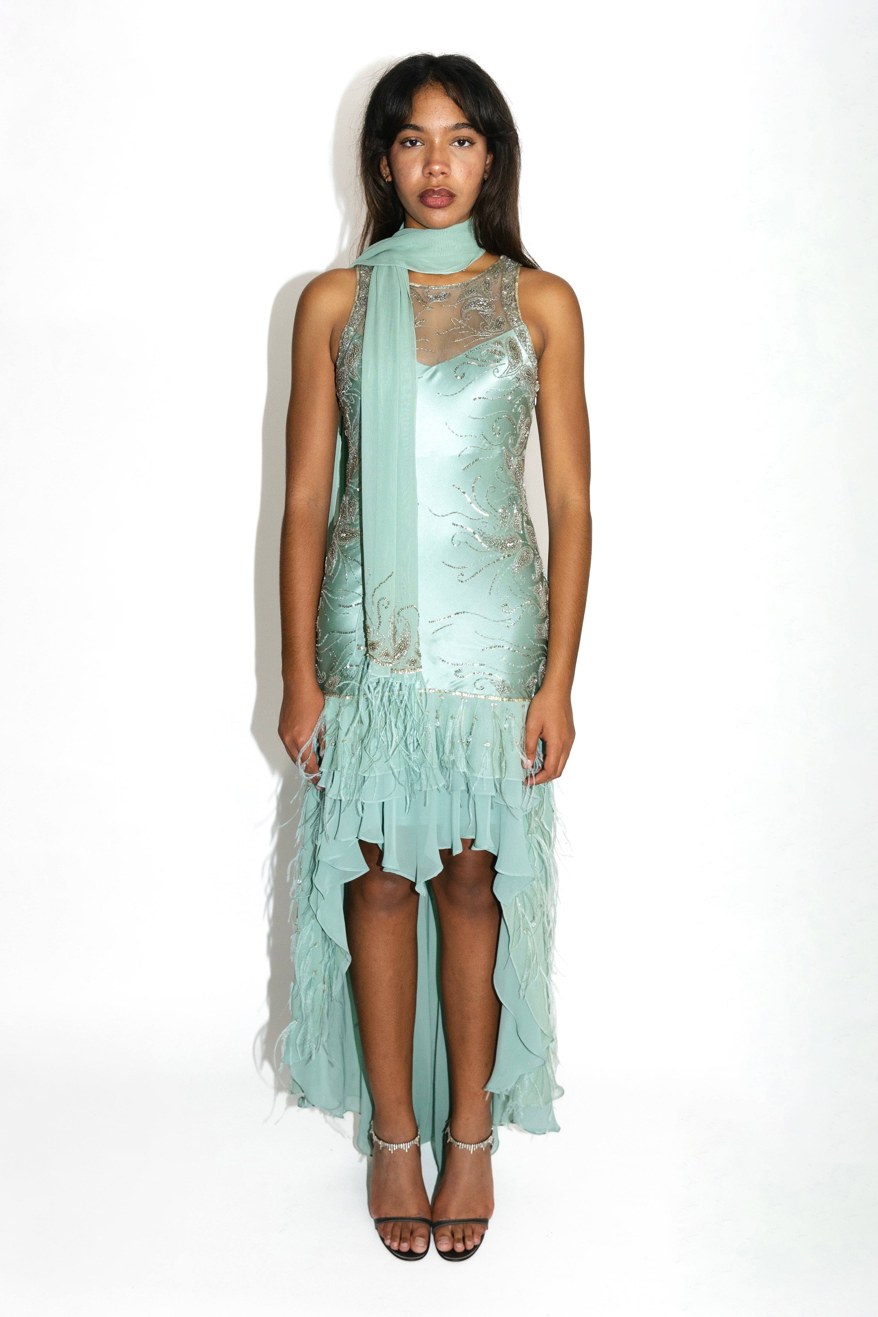Sue Wong Feather Flapper Dress Sue Wong Mint Green Beaded