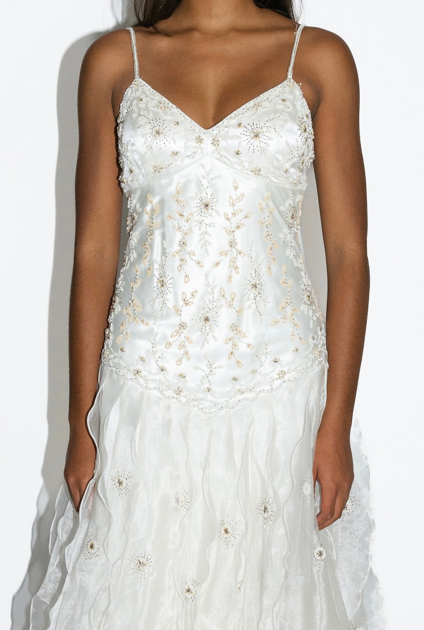 Sue Wong White Beaded Organza Ruffle Gown