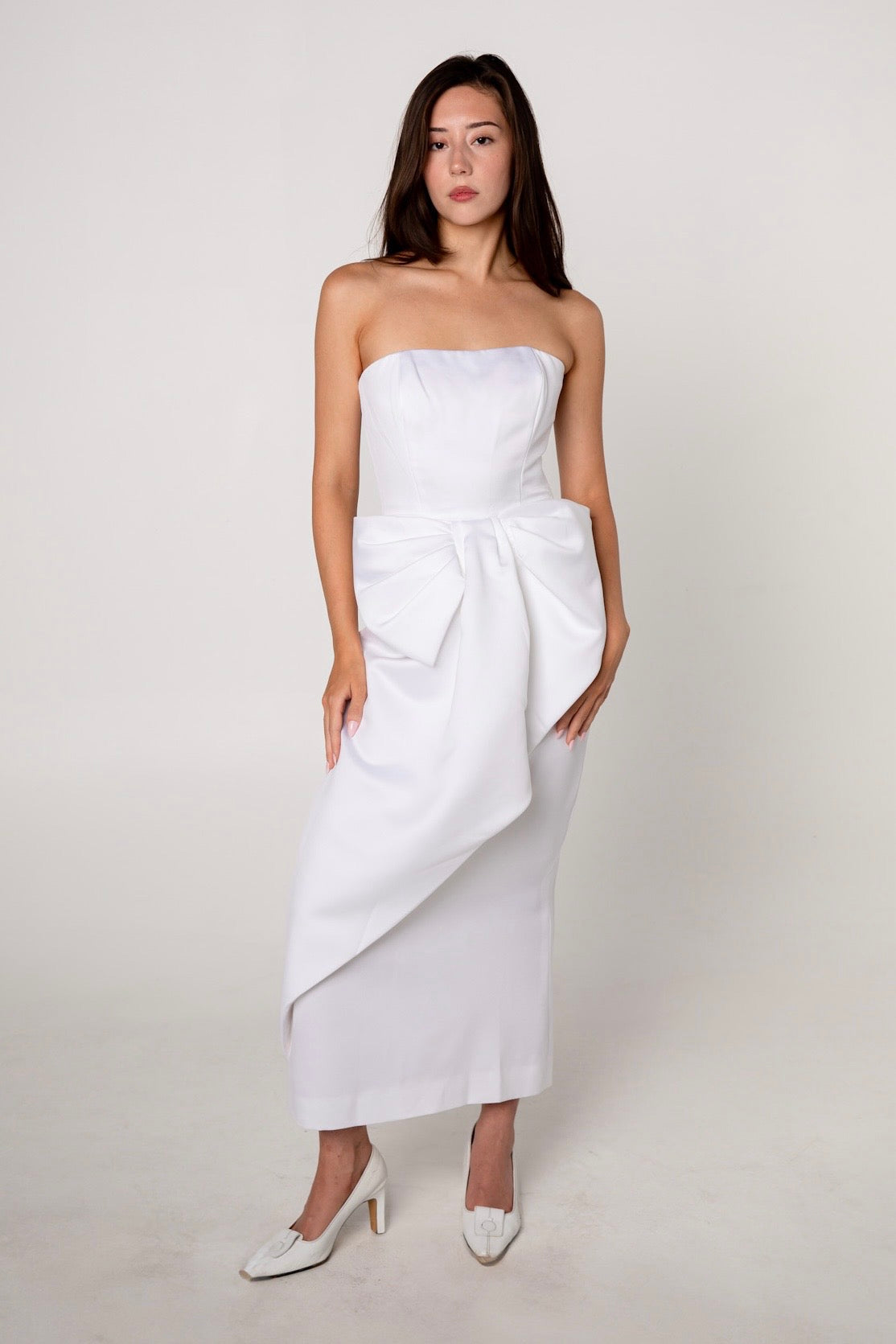 Victor Costa White Draped Bow Dress