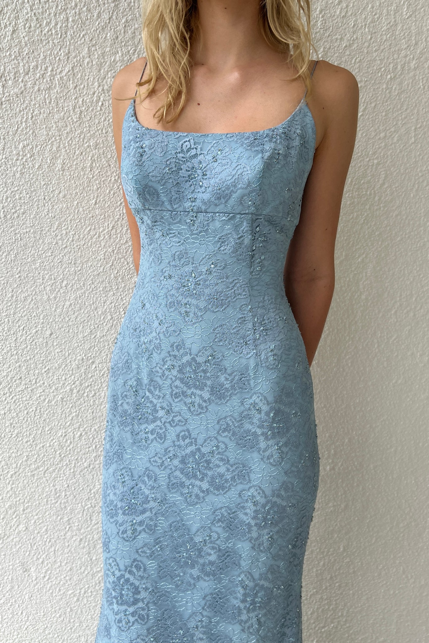 Blue Beaded Lace Column Dress