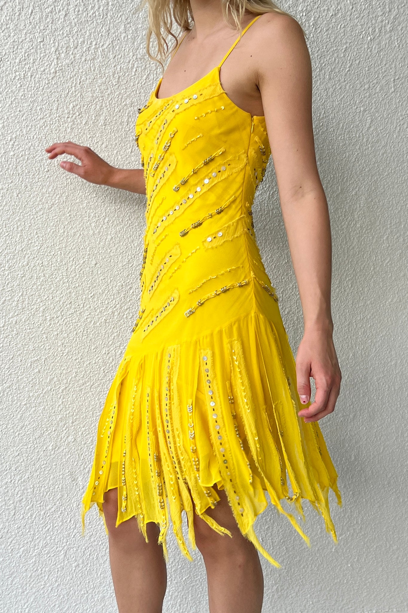 Sue Wong Yellow Beaded Silk Fringe Dress