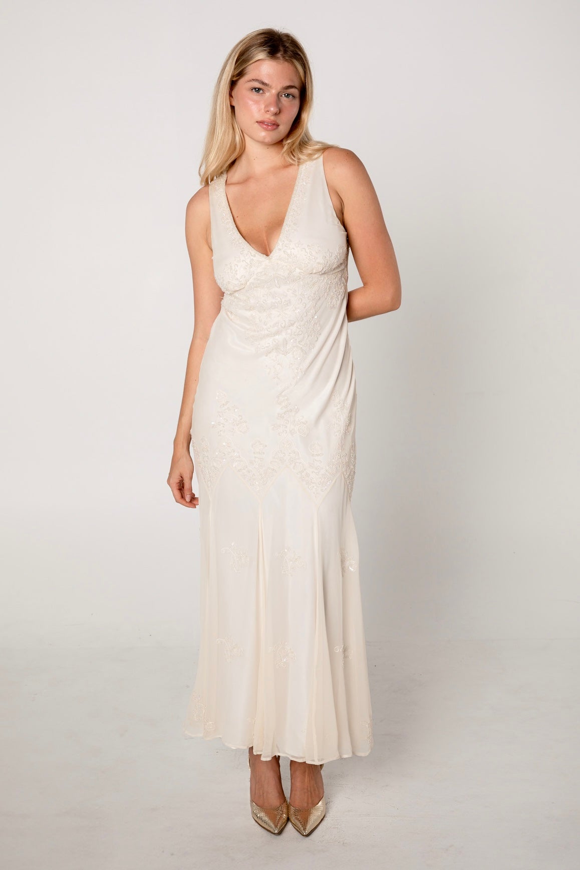 Ivory Silk Chiffon Beaded Gown