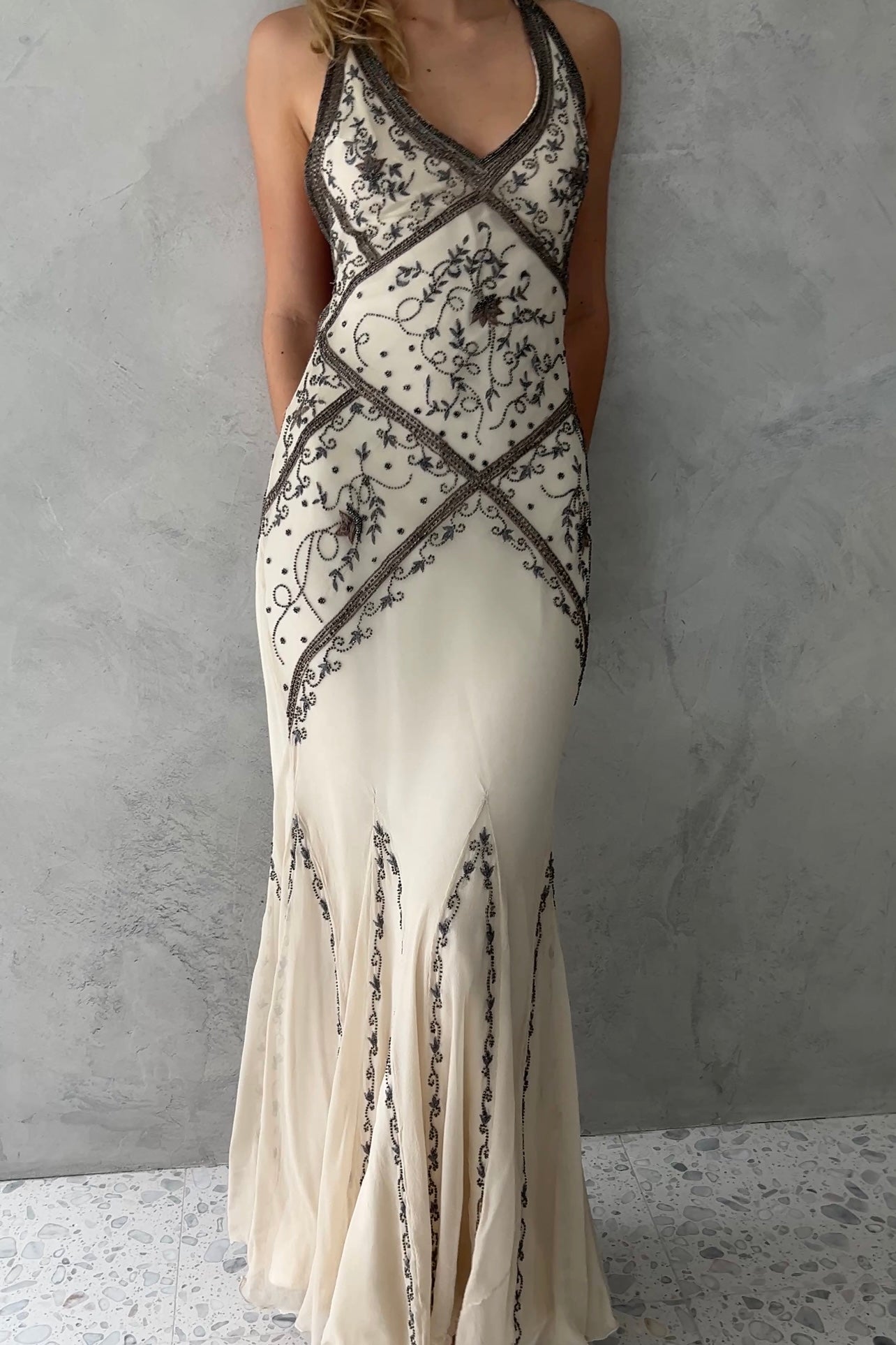 Cache Ivory Silk Chiffon Beaded Halter Gown