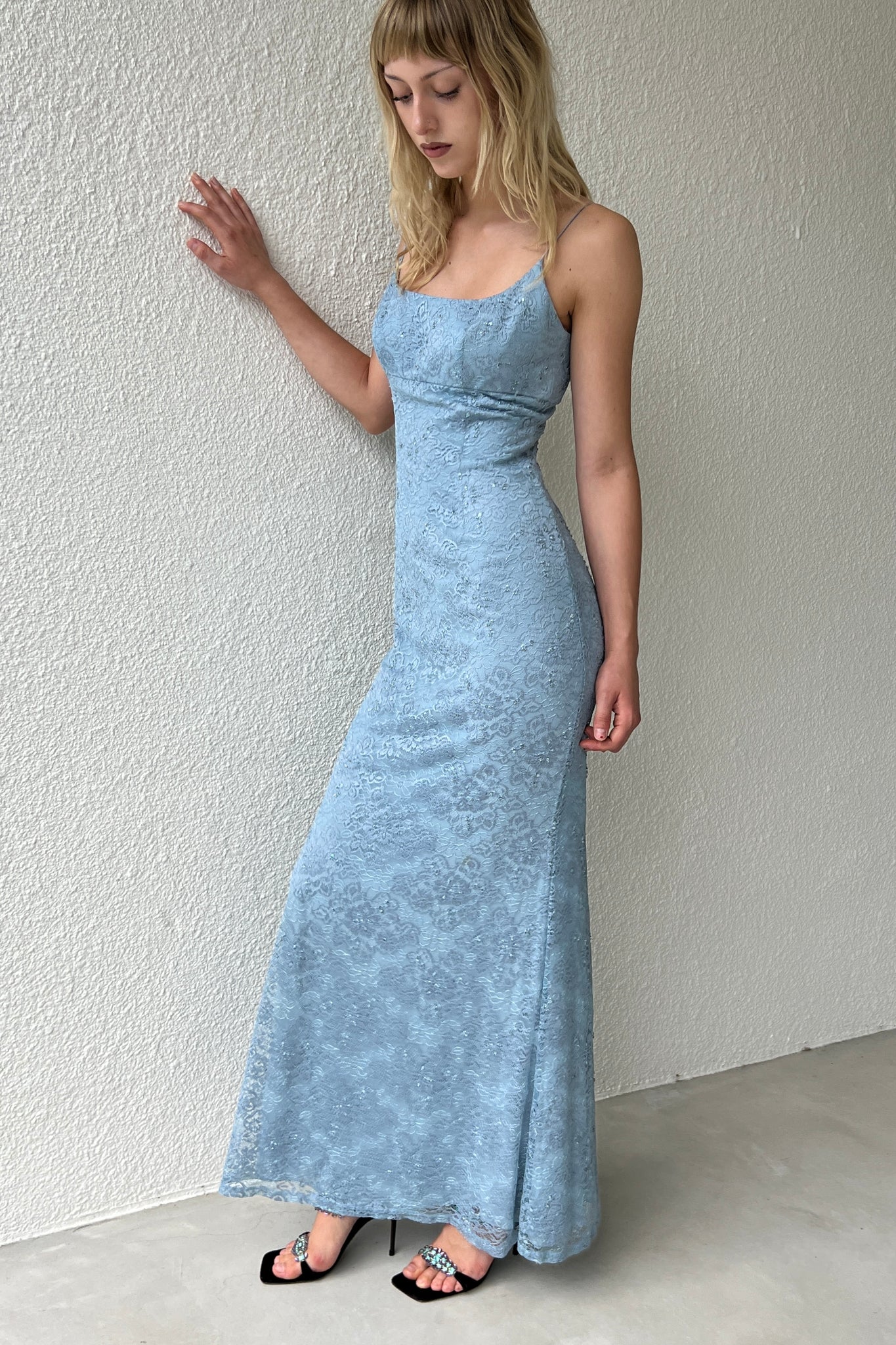 Blue Beaded Lace Column Dress