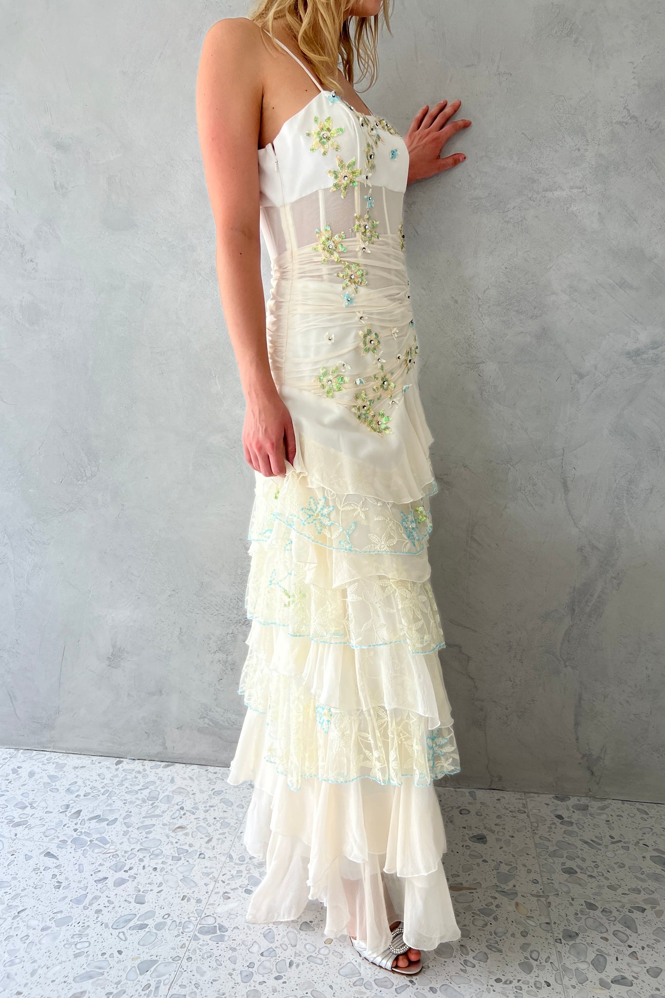 White Tiered Silk Chiffon Embellished Dress