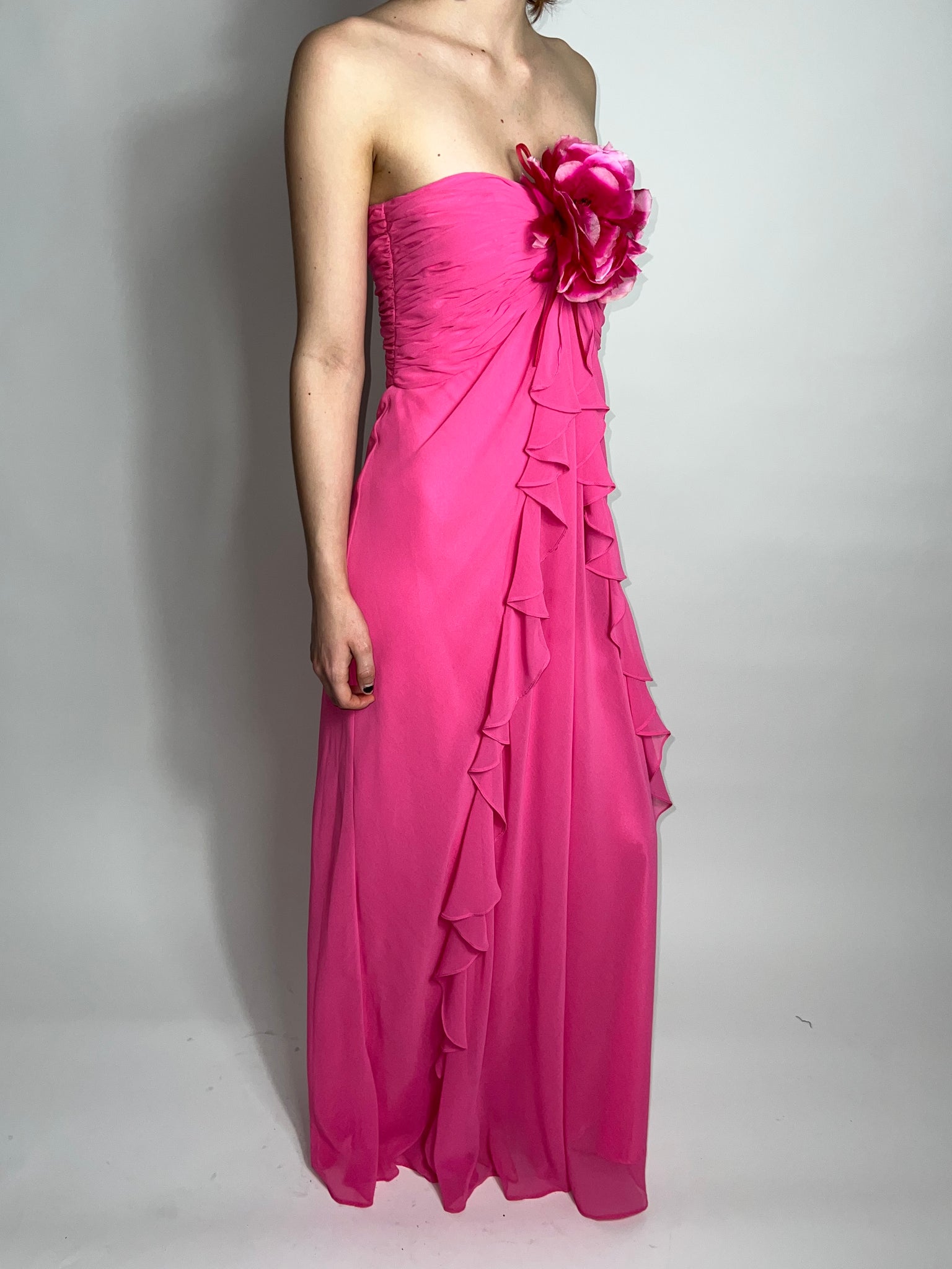 Pink Strapless Ruffle Chiffon Gown