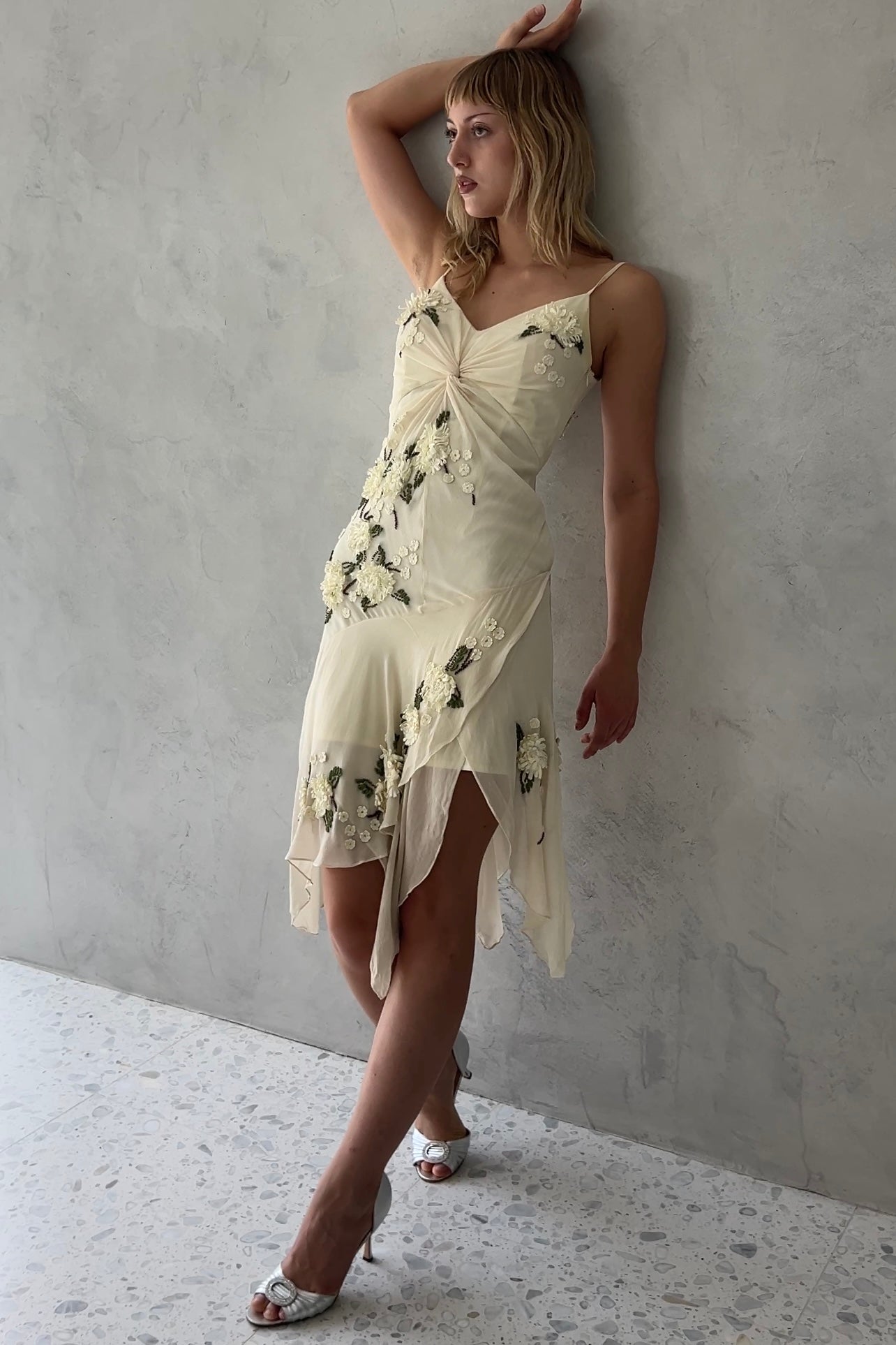 Ivory Silk Floral Handkerchief Hem Fairy Dress