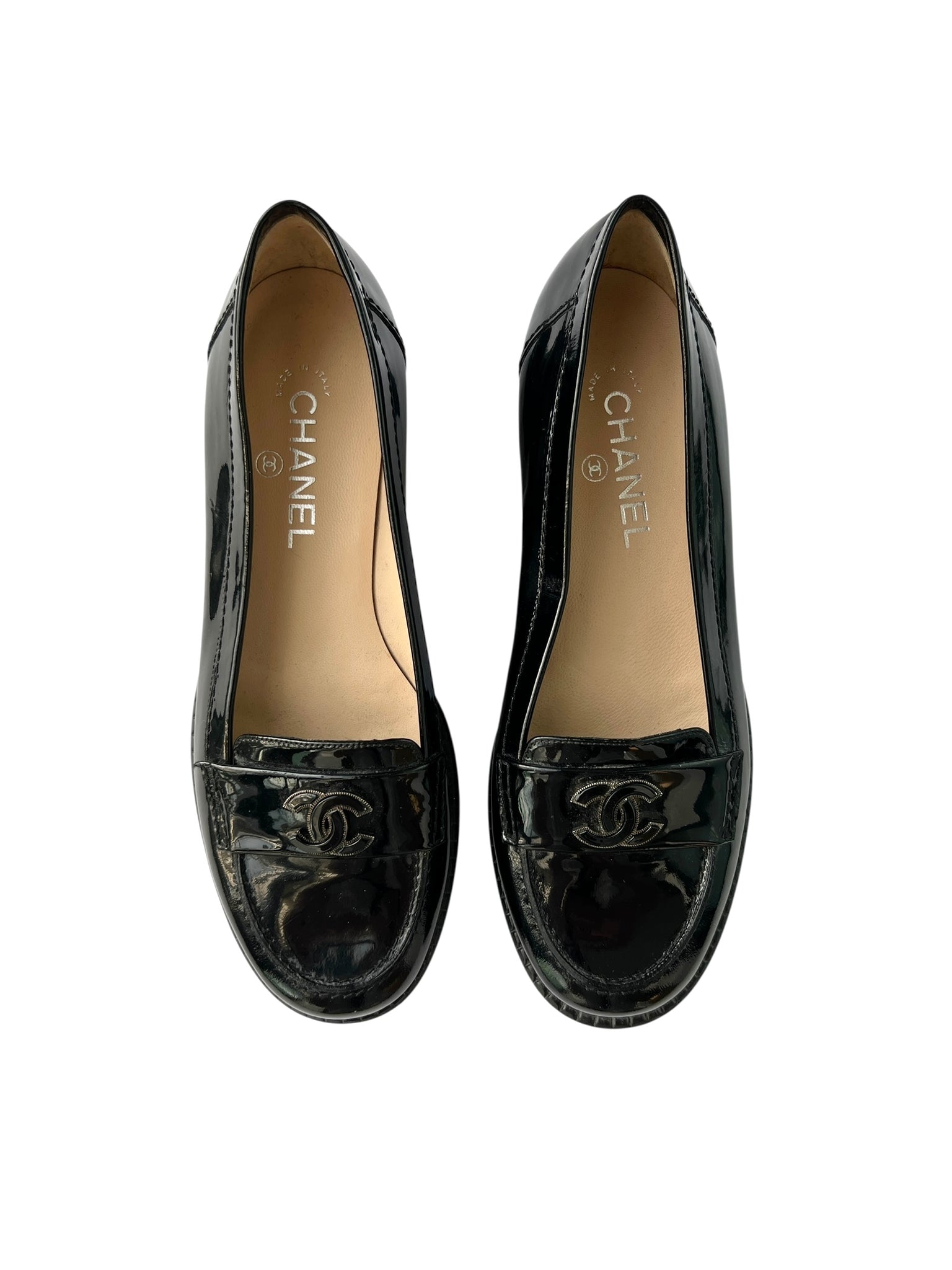 Chanel Interlocking CC Black Patent Leather Loafers - 40