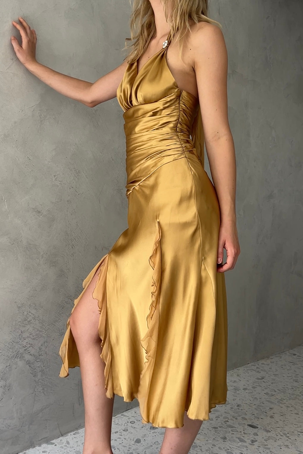 Cache Gold Silk Satin Halter Dress