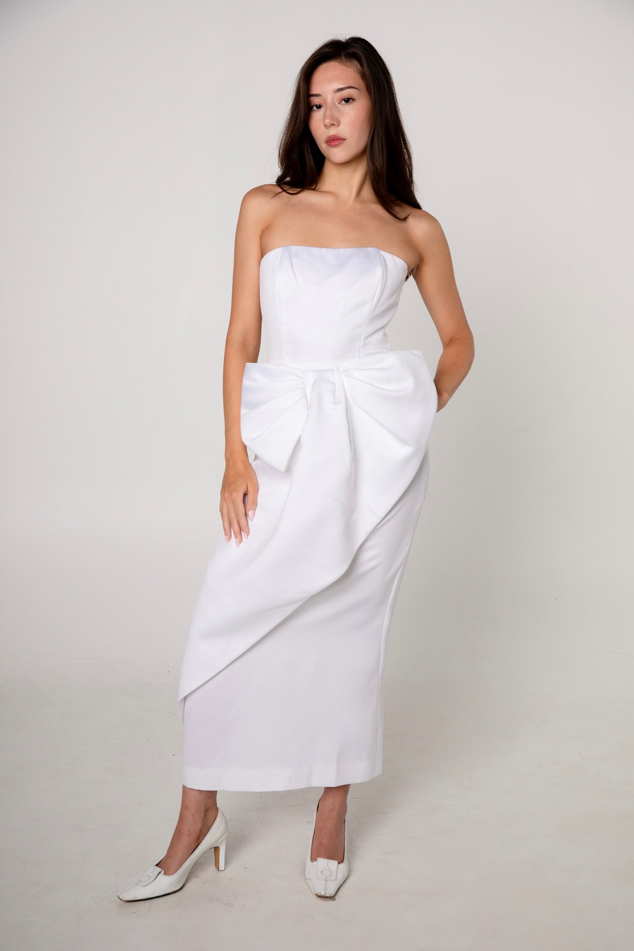 Victor Costa White Draped Bow Dress