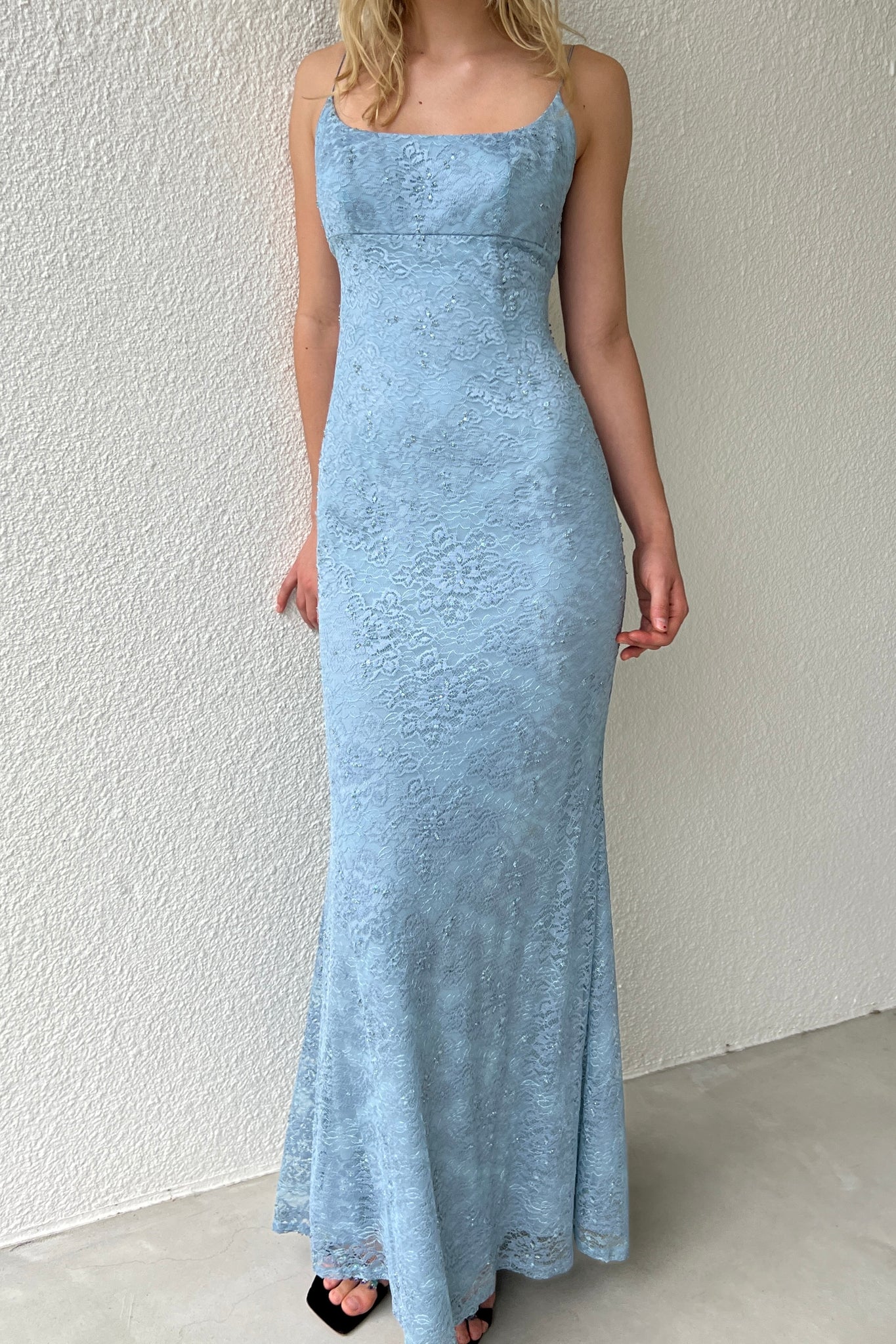 Blue Beaded Lace Column Dress