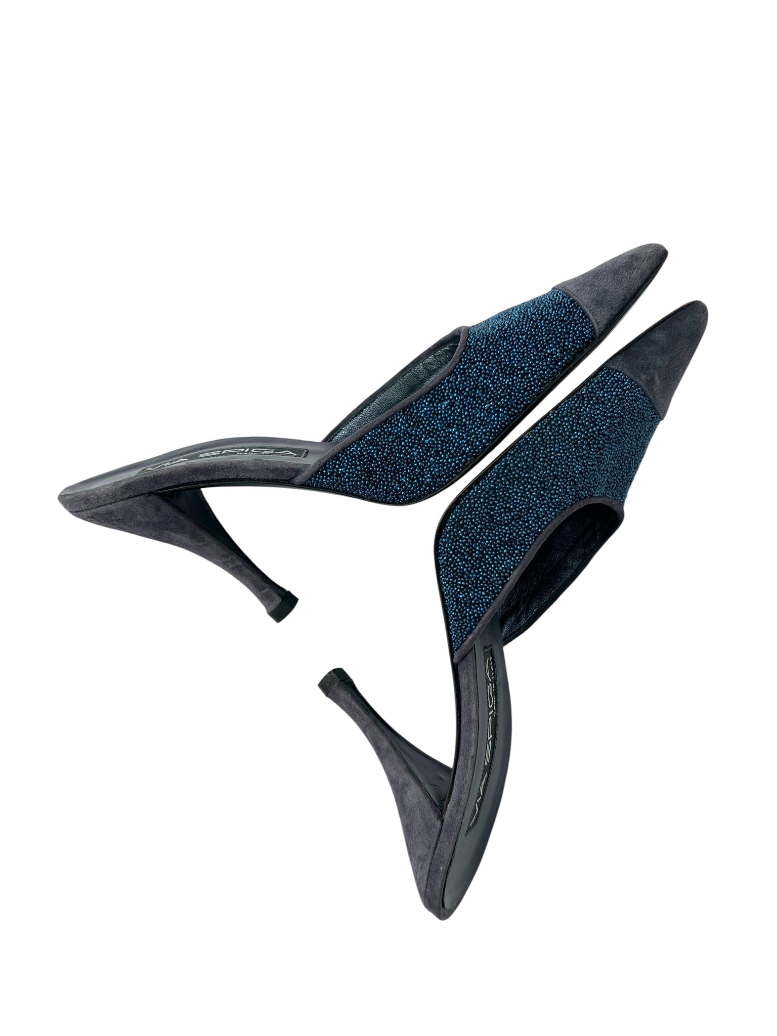 Blue Beaded Suede Leather Heeled Mules - 7