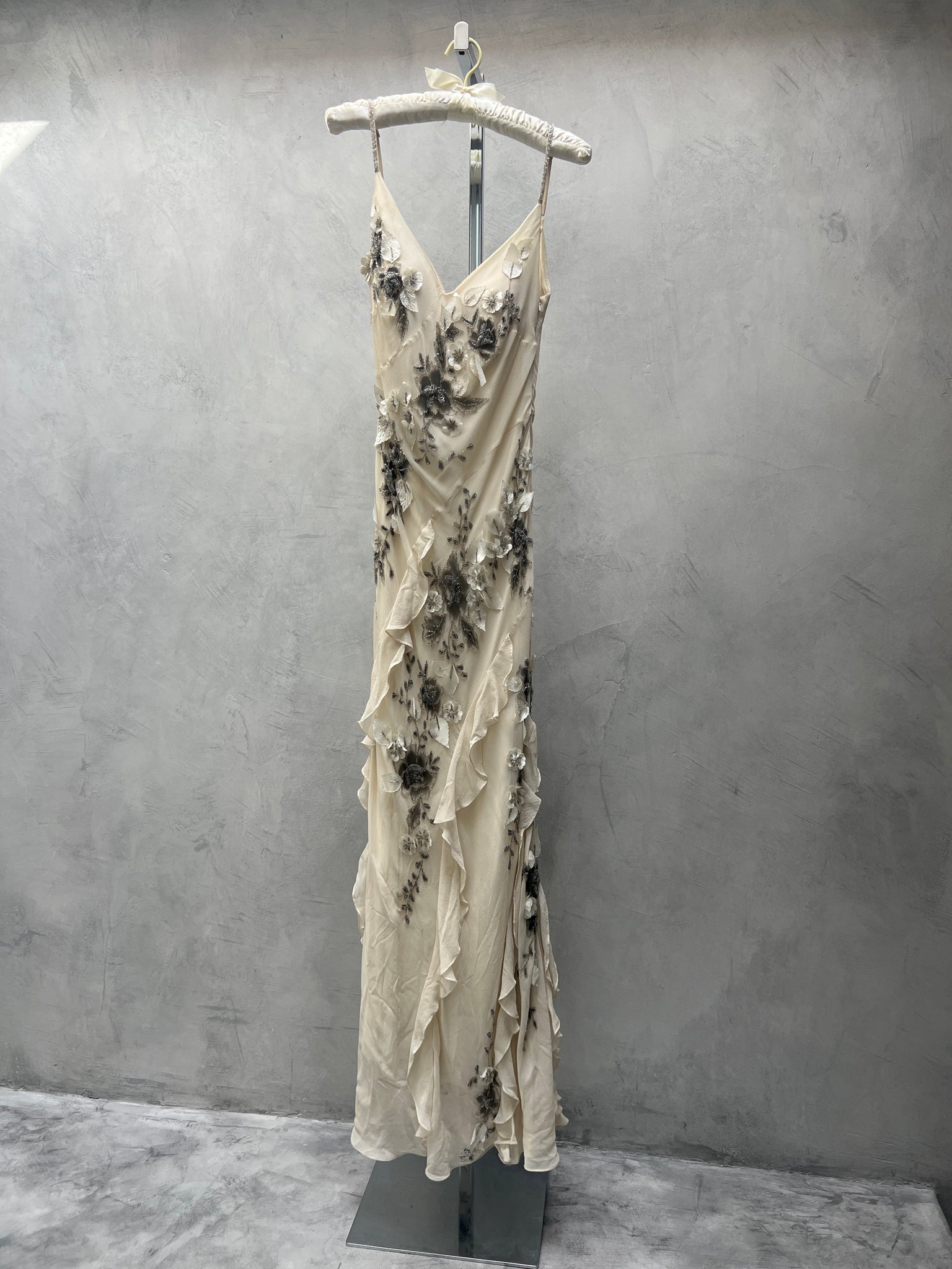 Sue Wong Ivory Silk Floral Embellished Ruffle Gown