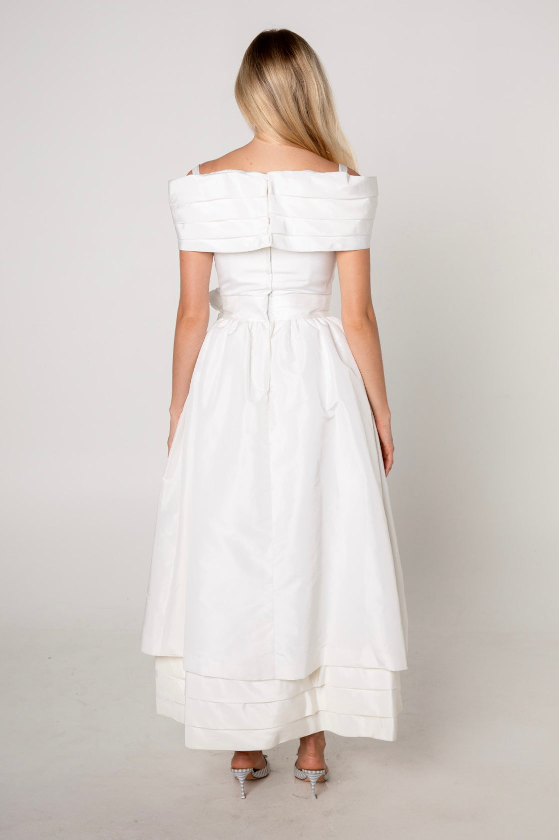 Victor Costa White Taffeta Rosette Dress