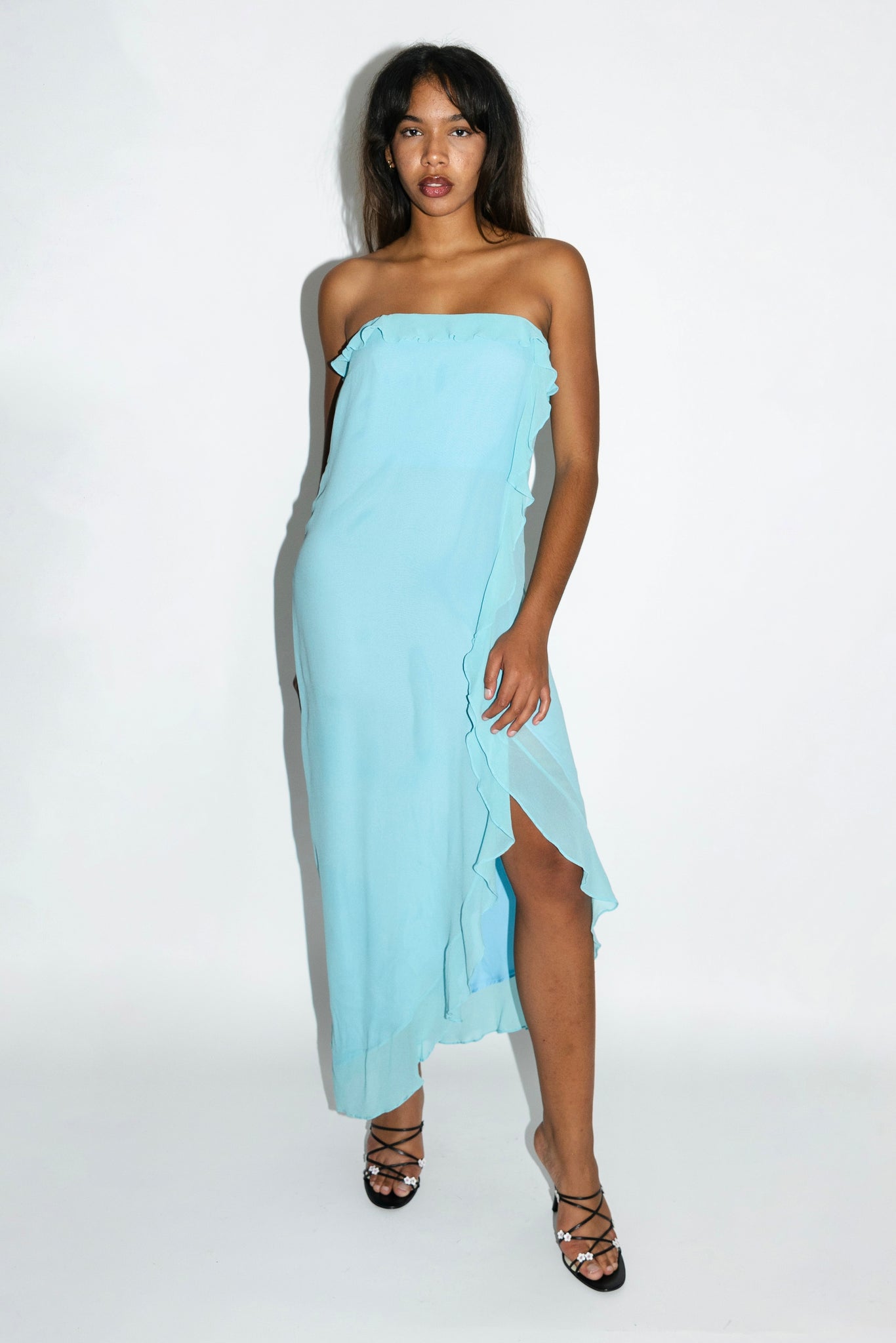 Blue Silk Chiffon Strapless Ruffle Dress