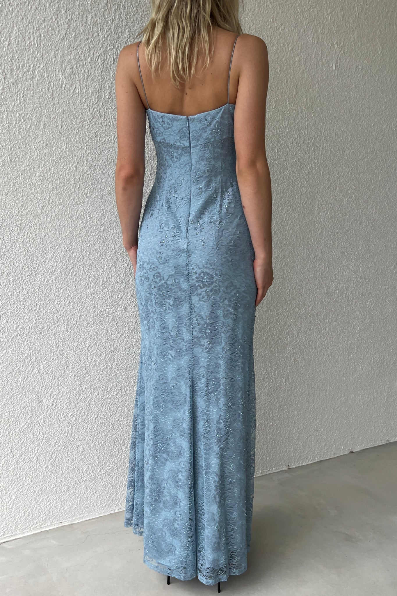 Blue Beaded Lace Column Dress
