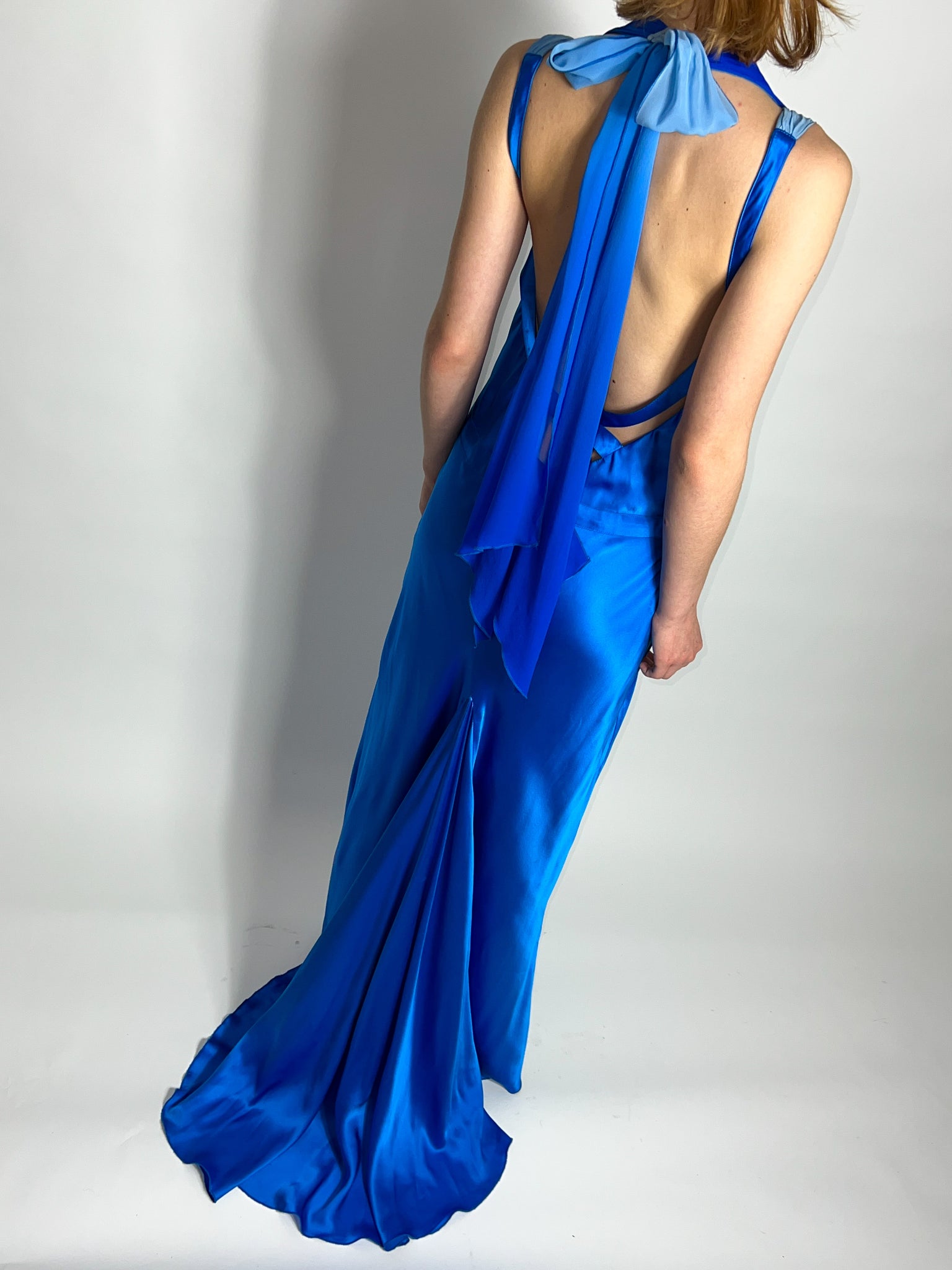 Blue Silk Satin Evening Gown