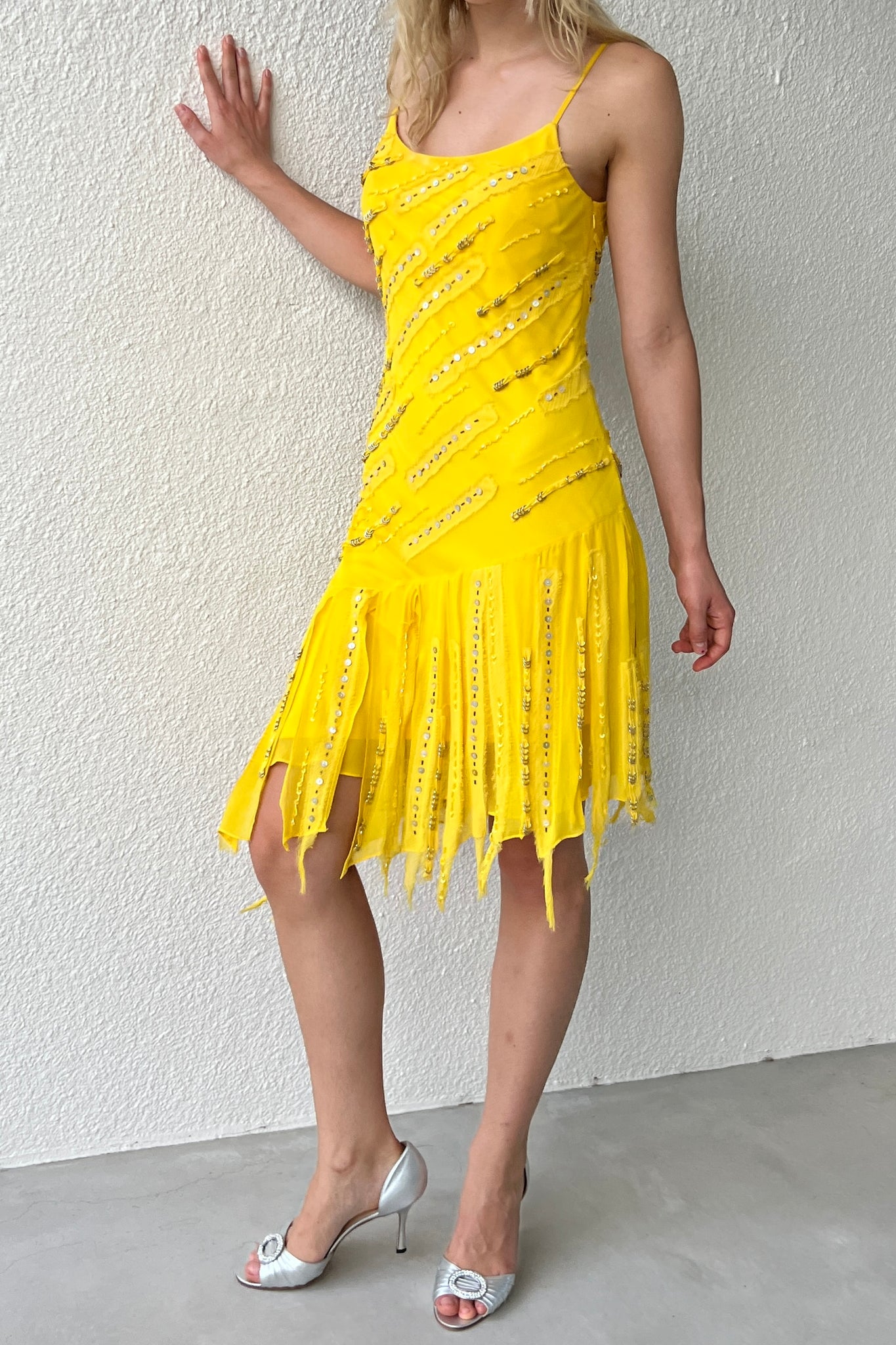 Sue Wong Yellow Beaded Silk Fringe Dress