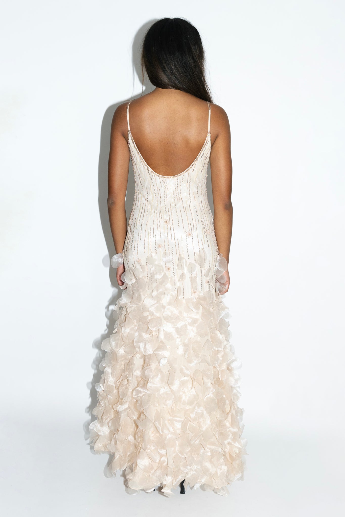 Champagne Beaded Silk Petal Gown