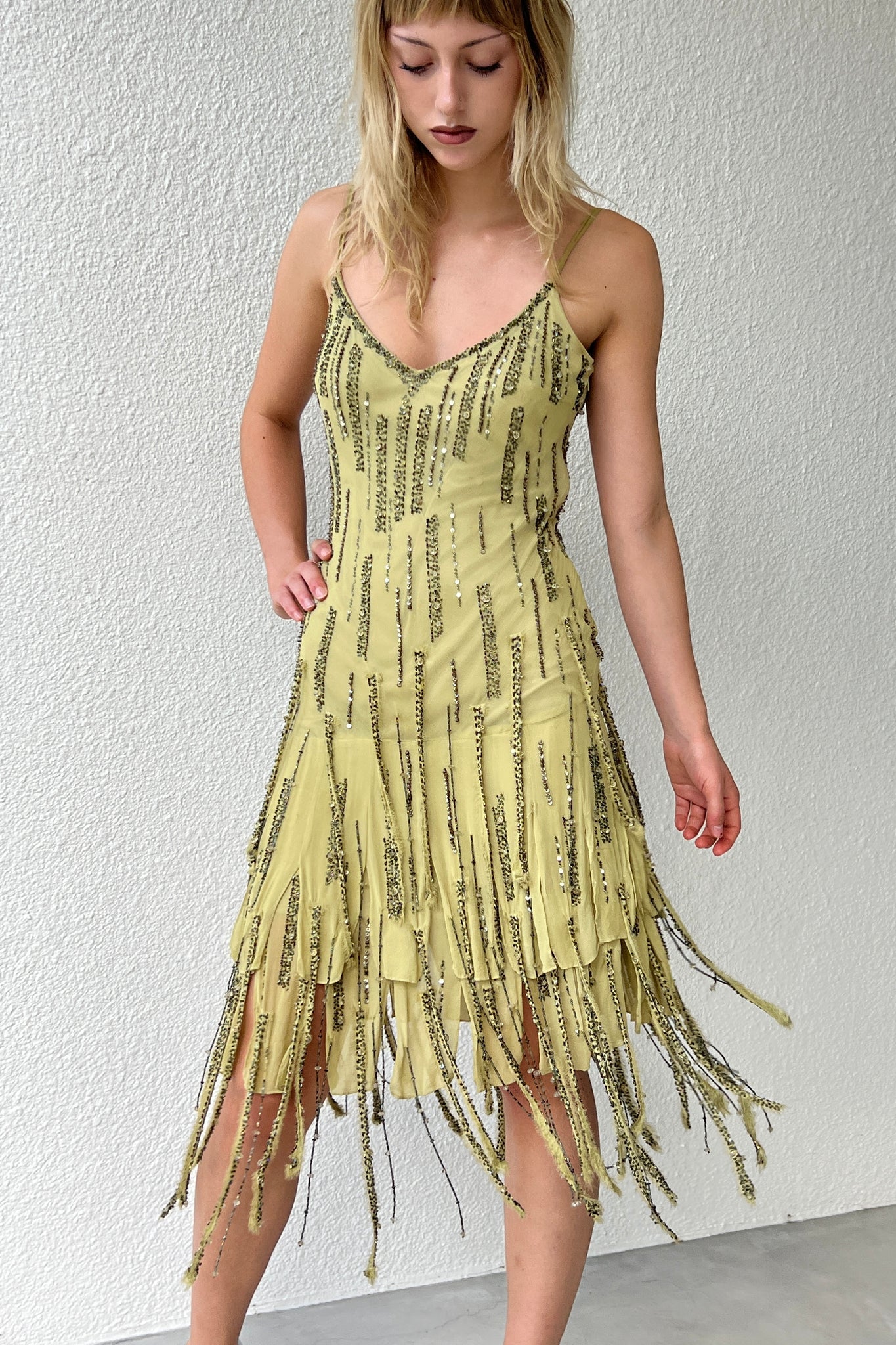 Sue Wong Green Silk Fringe Beaded Dress
