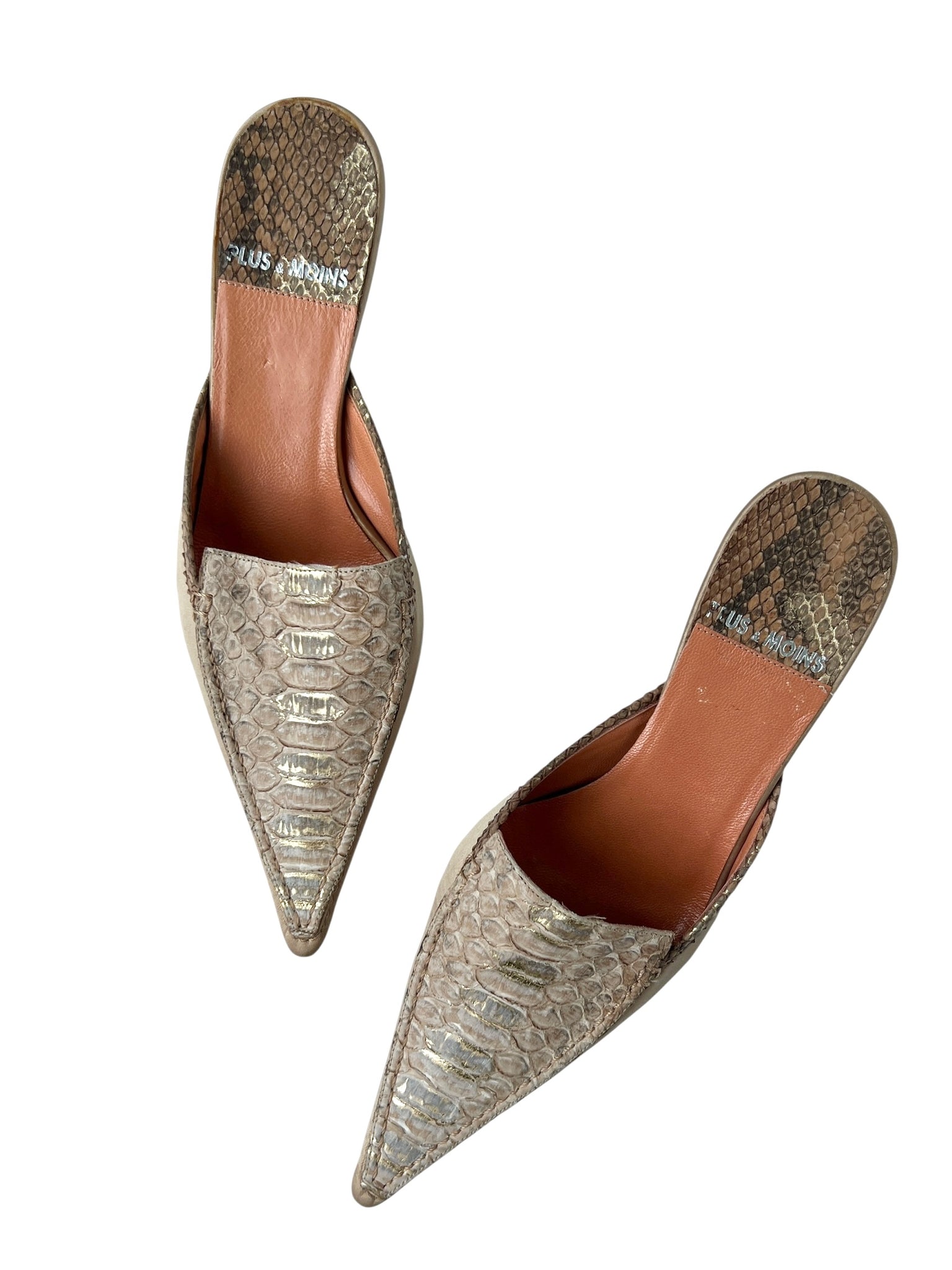 Beige Snakeskin Pointed Toe Kitten Heel Mules - 36.5