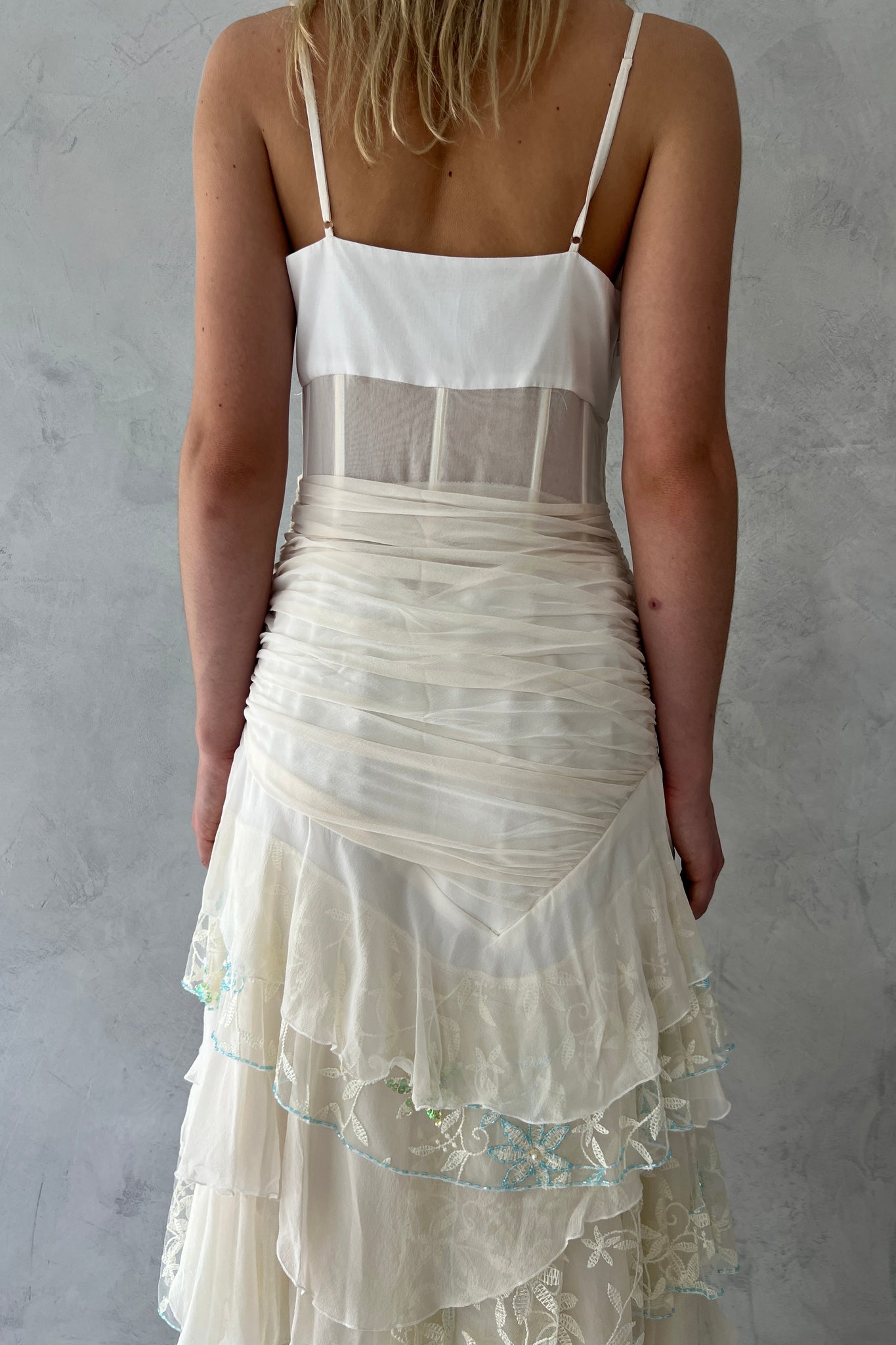 White Tiered Silk Chiffon Embellished Dress