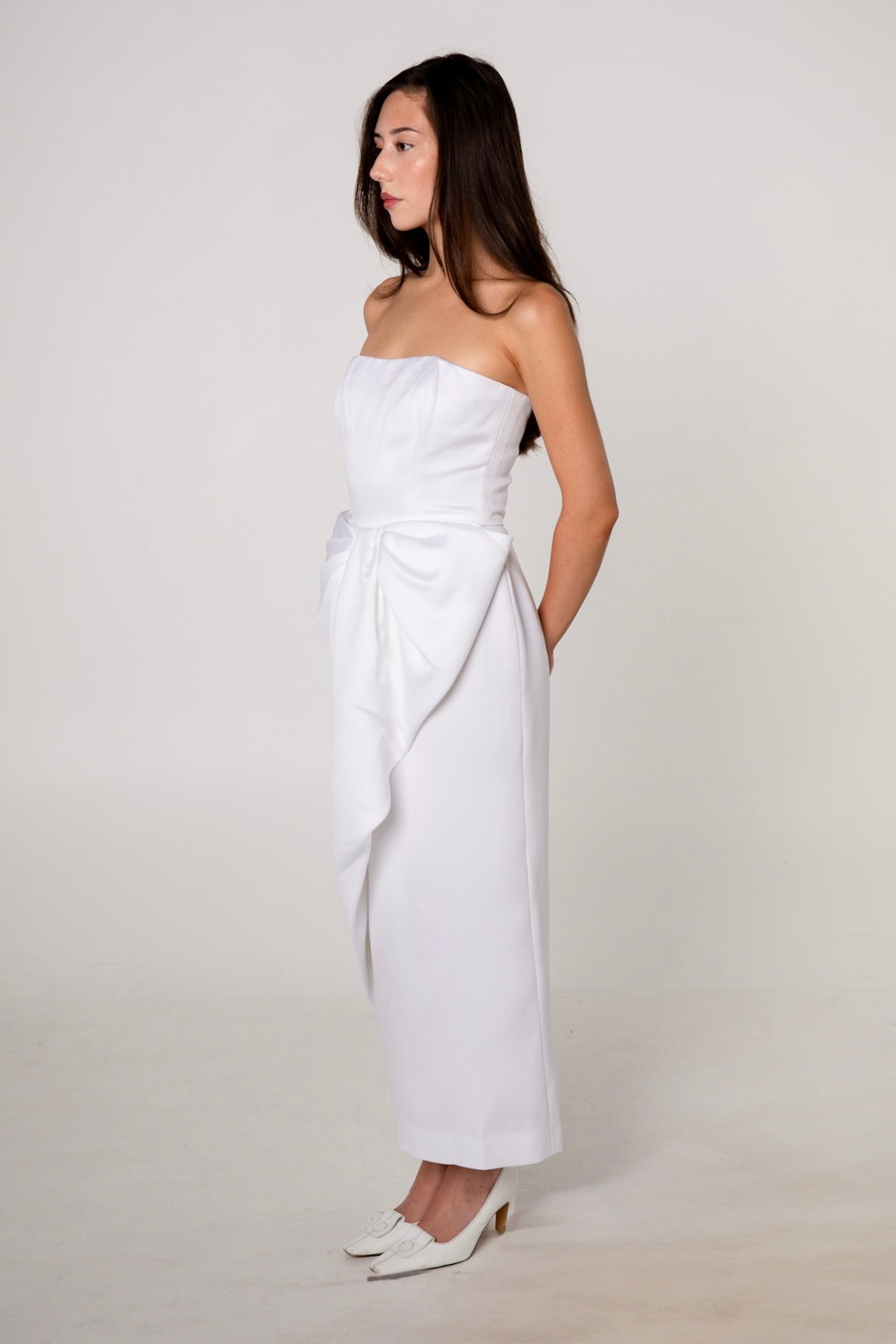 Victor Costa White Draped Bow Dress