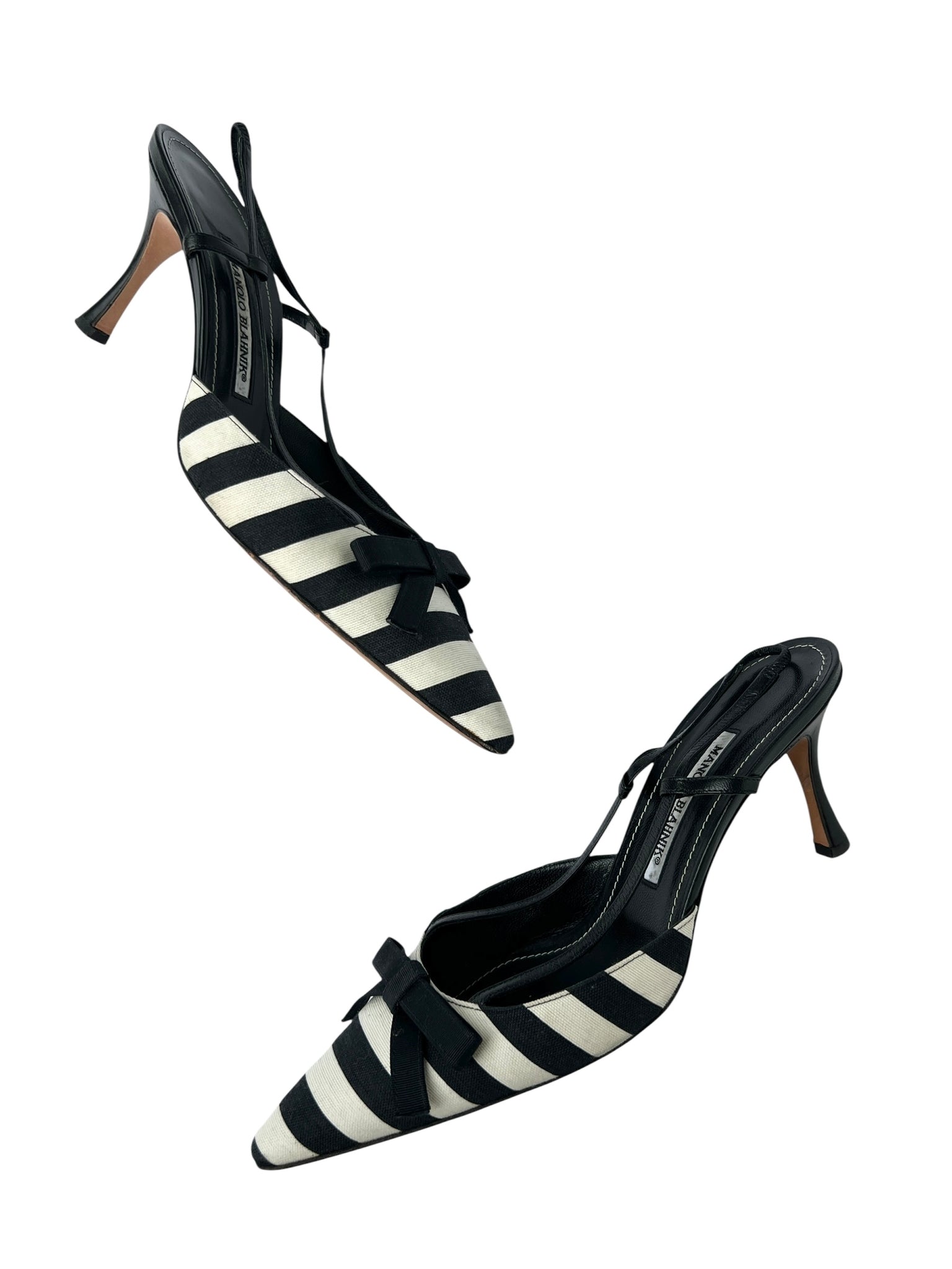 Manolo Blahnik Black White Stripe Bow Slingback Heels - 40.5