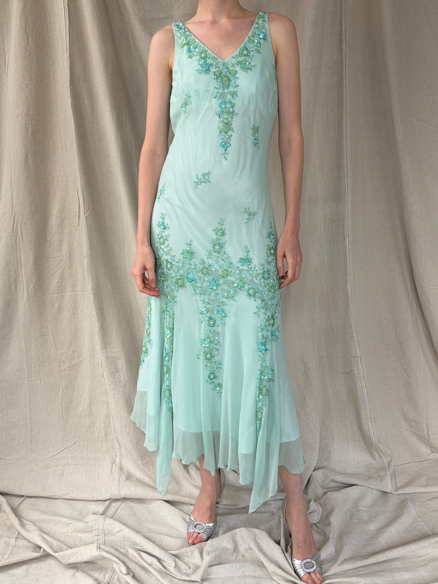 Scala Minty Blue Silk Chiffon Beaded Handkerchief Hem Dress – Toots Vintage