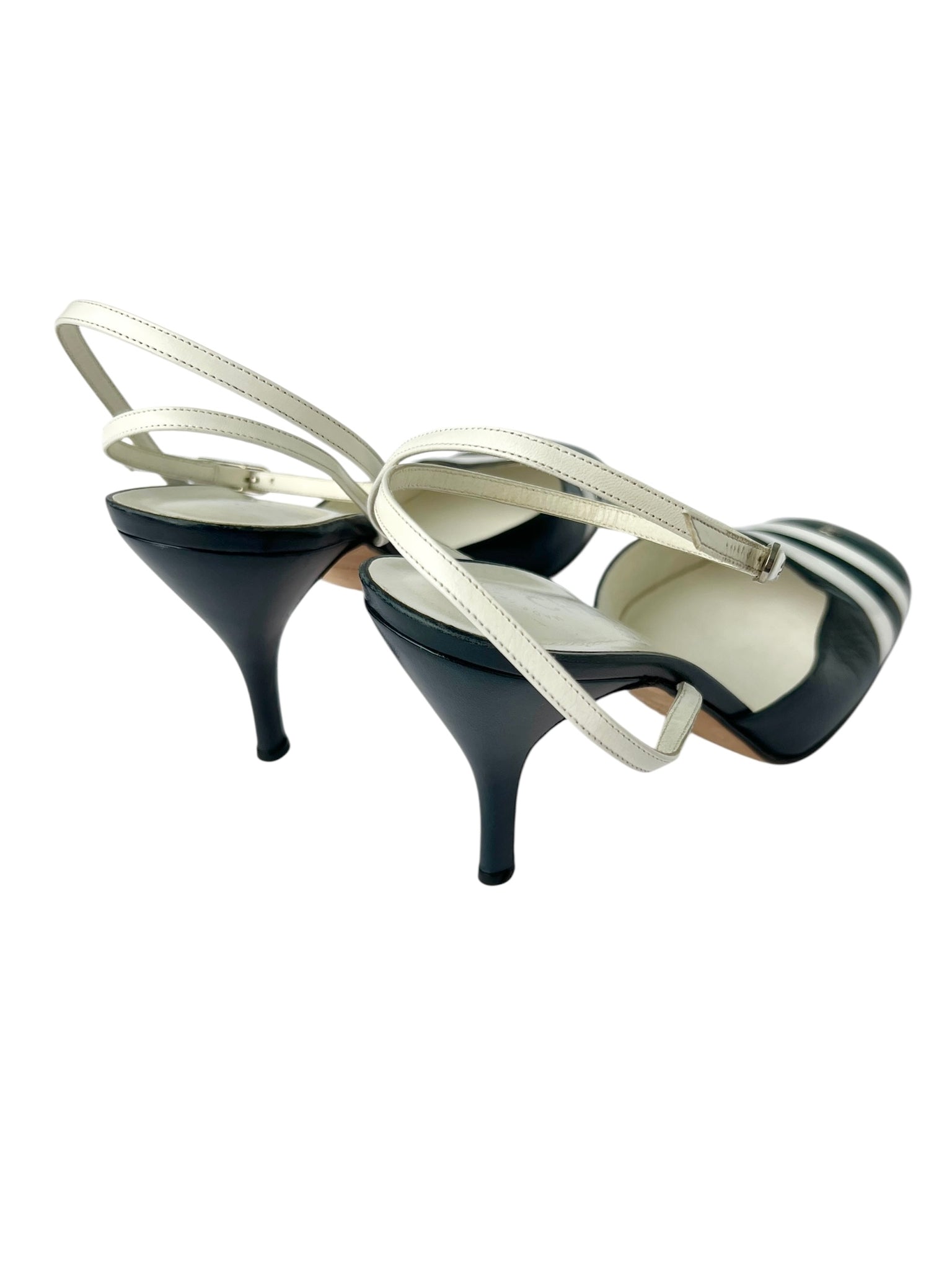 Chanel Navy & White Stripe Ankle Strap Heels - 40