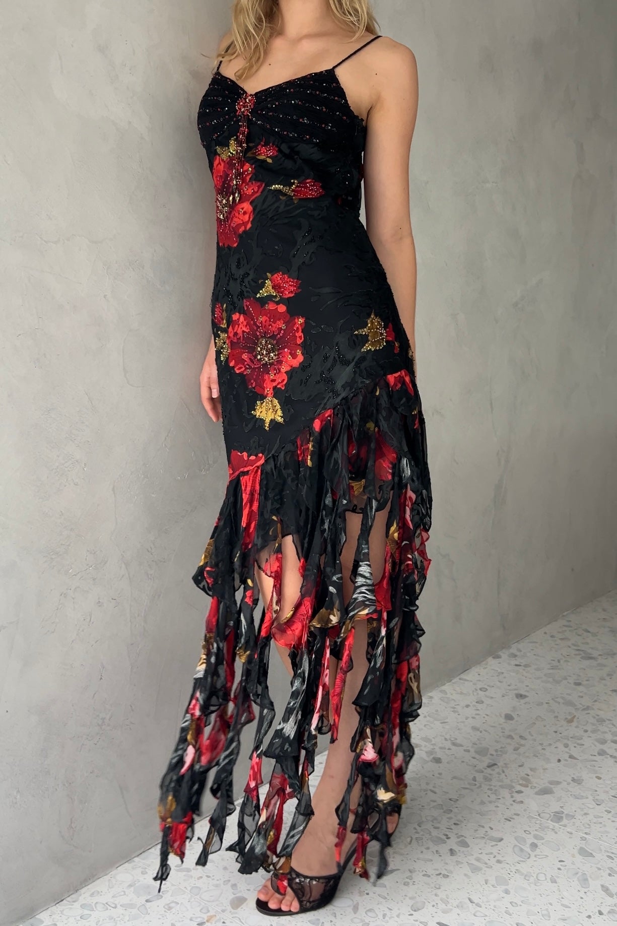 Sue Wong Black Floral Silk Devoré Fringe Beaded Dressi
