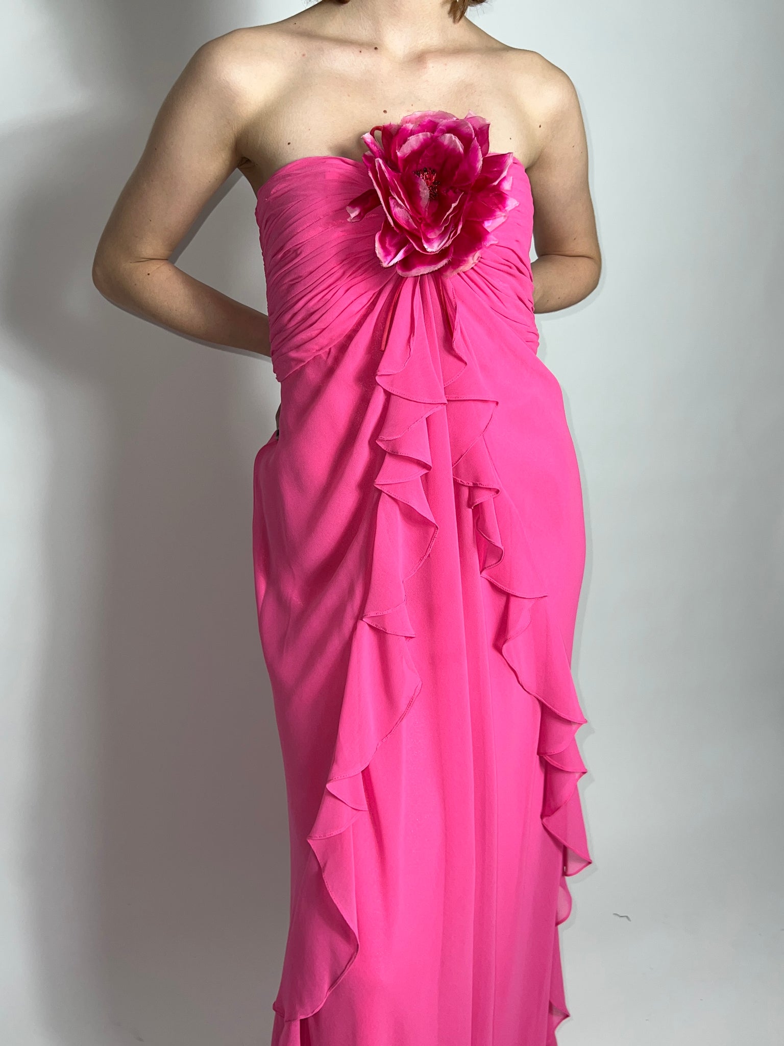 Pink Strapless Ruffle Chiffon Gown