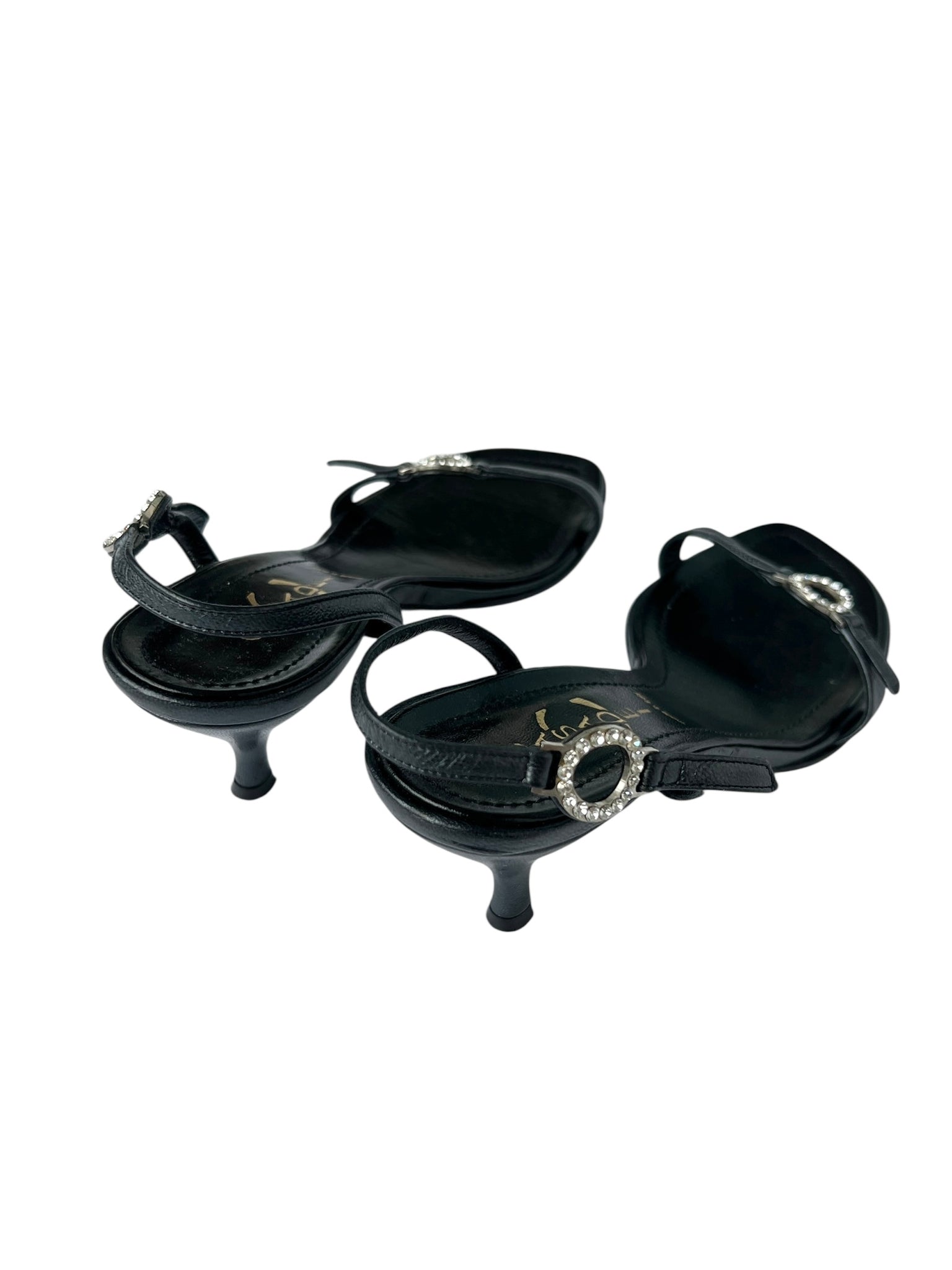Casadei Black Leather Rhinestone Heeled Slingback Sandals - 7