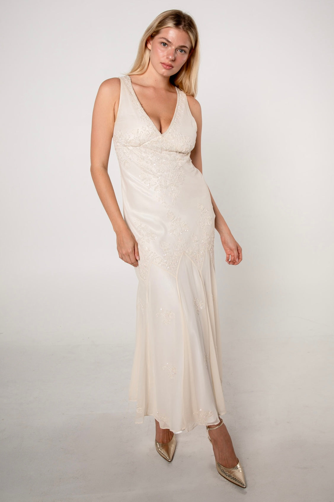 Ivory Silk Chiffon Beaded Gown