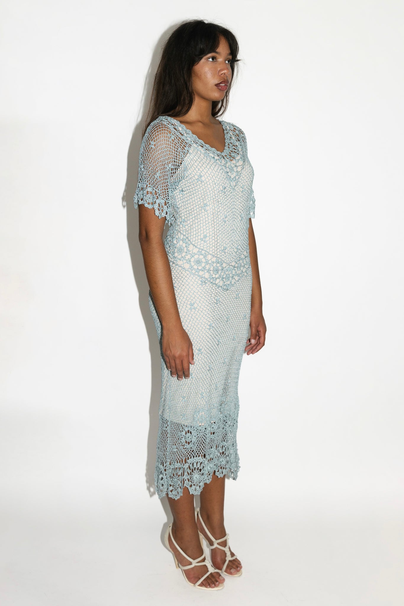 Pale Blue Short Sleeve Beaded Crochet Dress