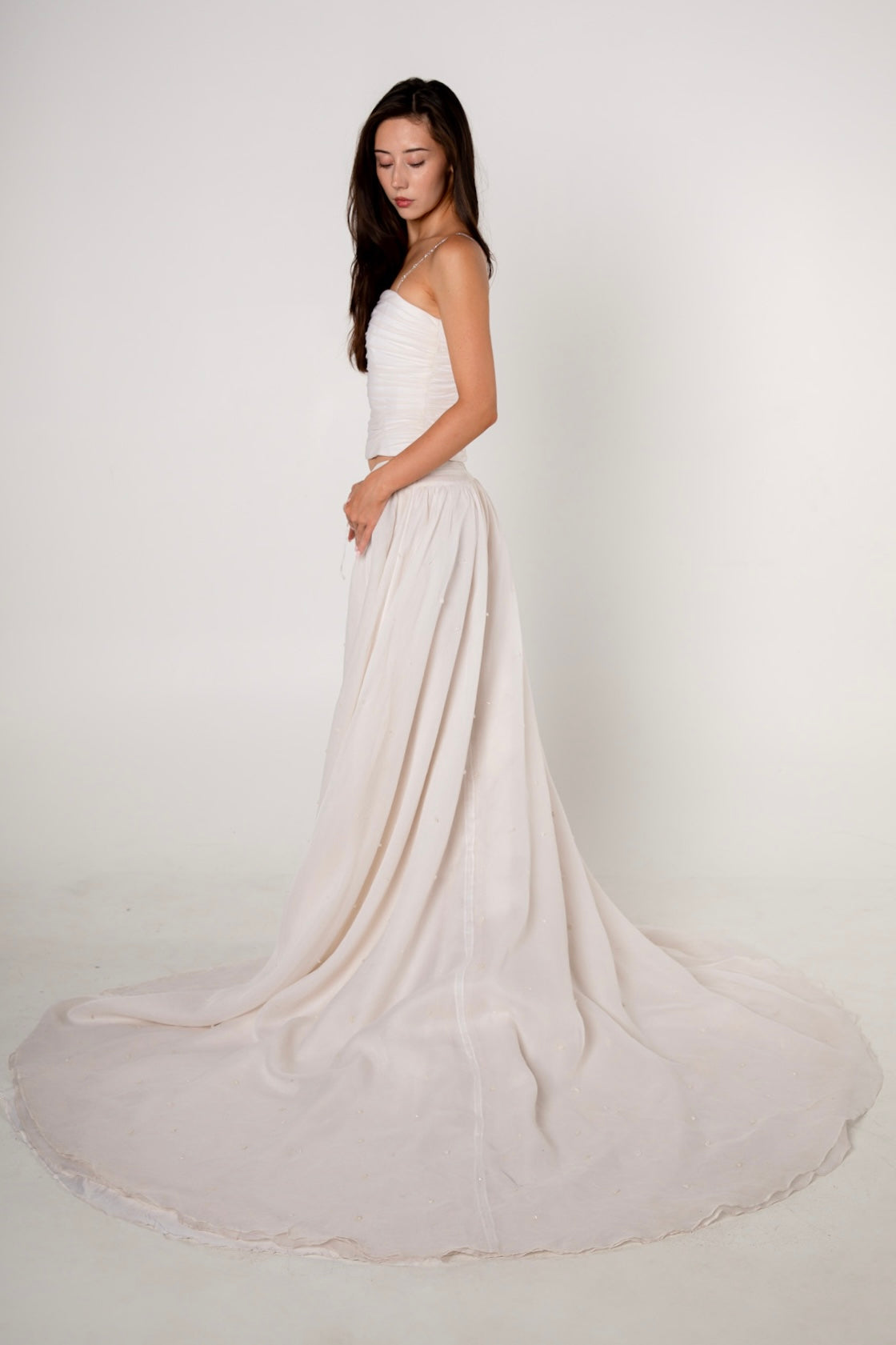 White Silk Embellished Drawstring Ballgown Skirt