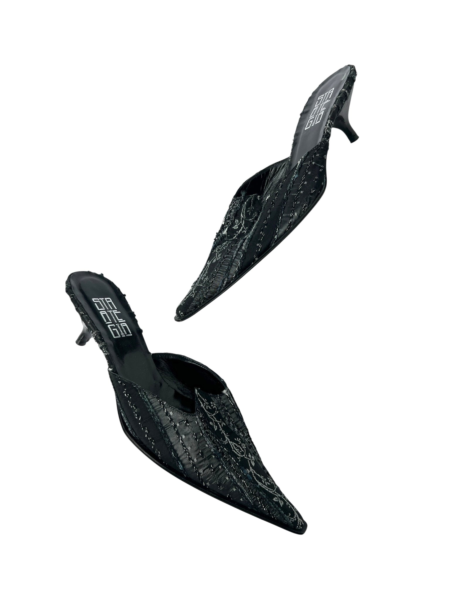 Black Brocade Pointed Toe Kitten Heel Mules - 36