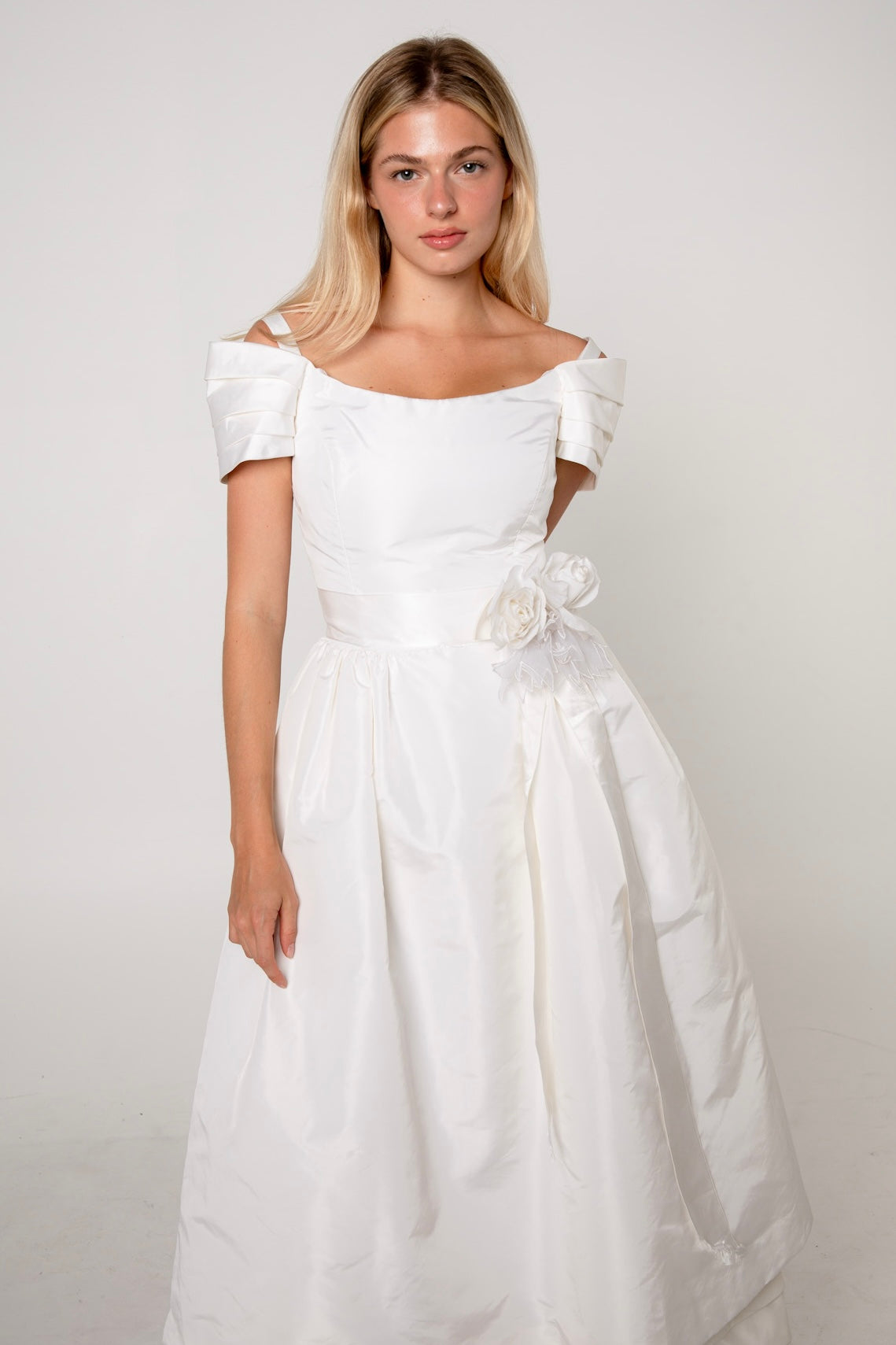 Victor Costa White Taffeta Rosette Dress