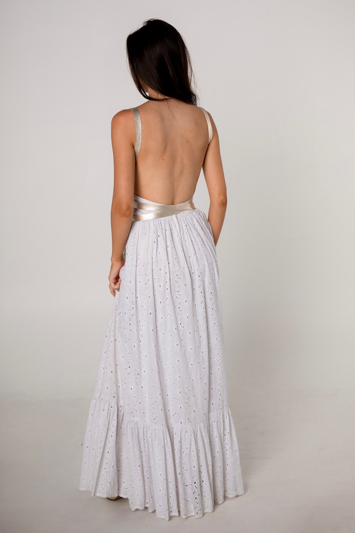 White Cotton Eyelet Halter Maxi Dress