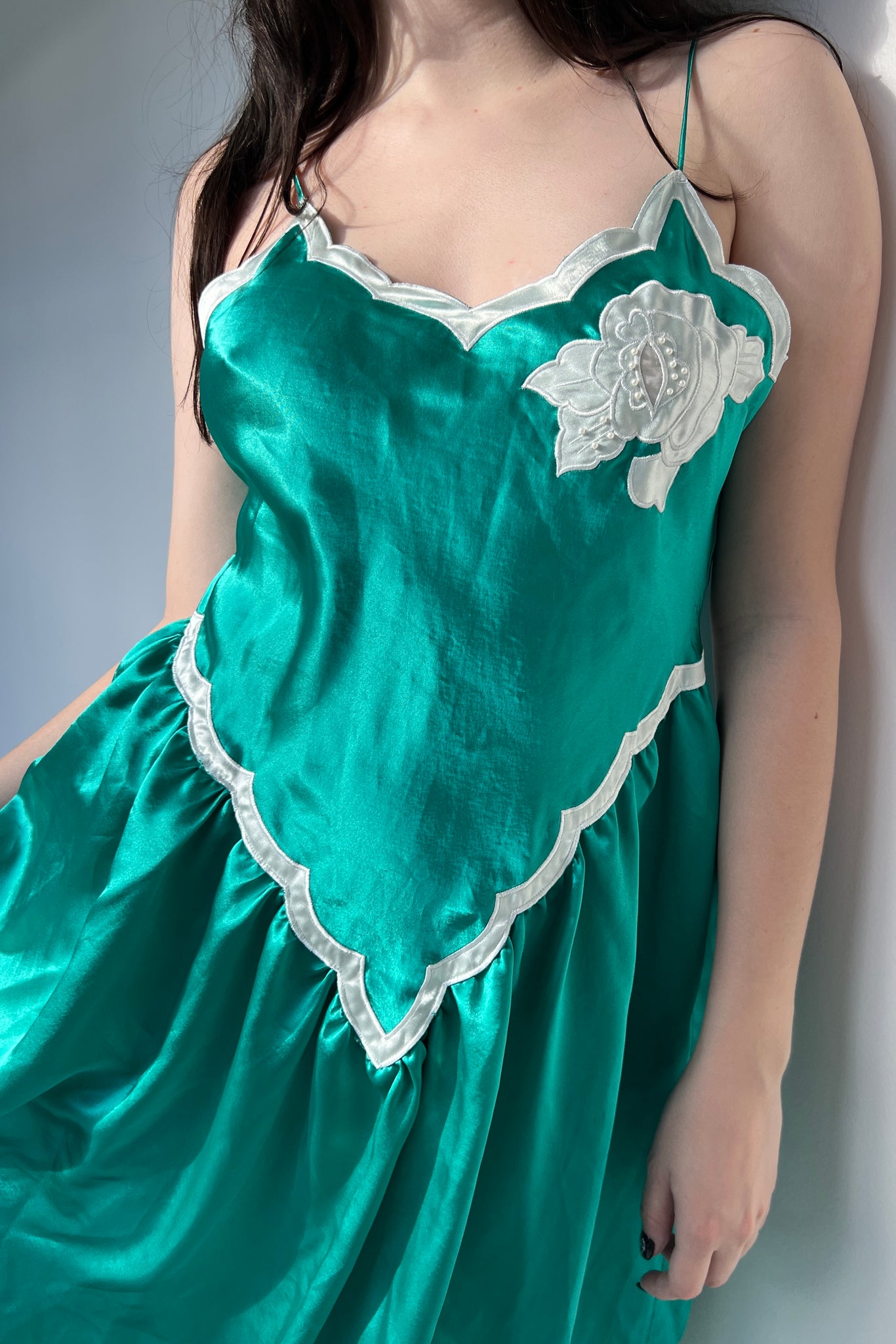 1980s Victoria’s Secret Green Satin Scallop Nightgown