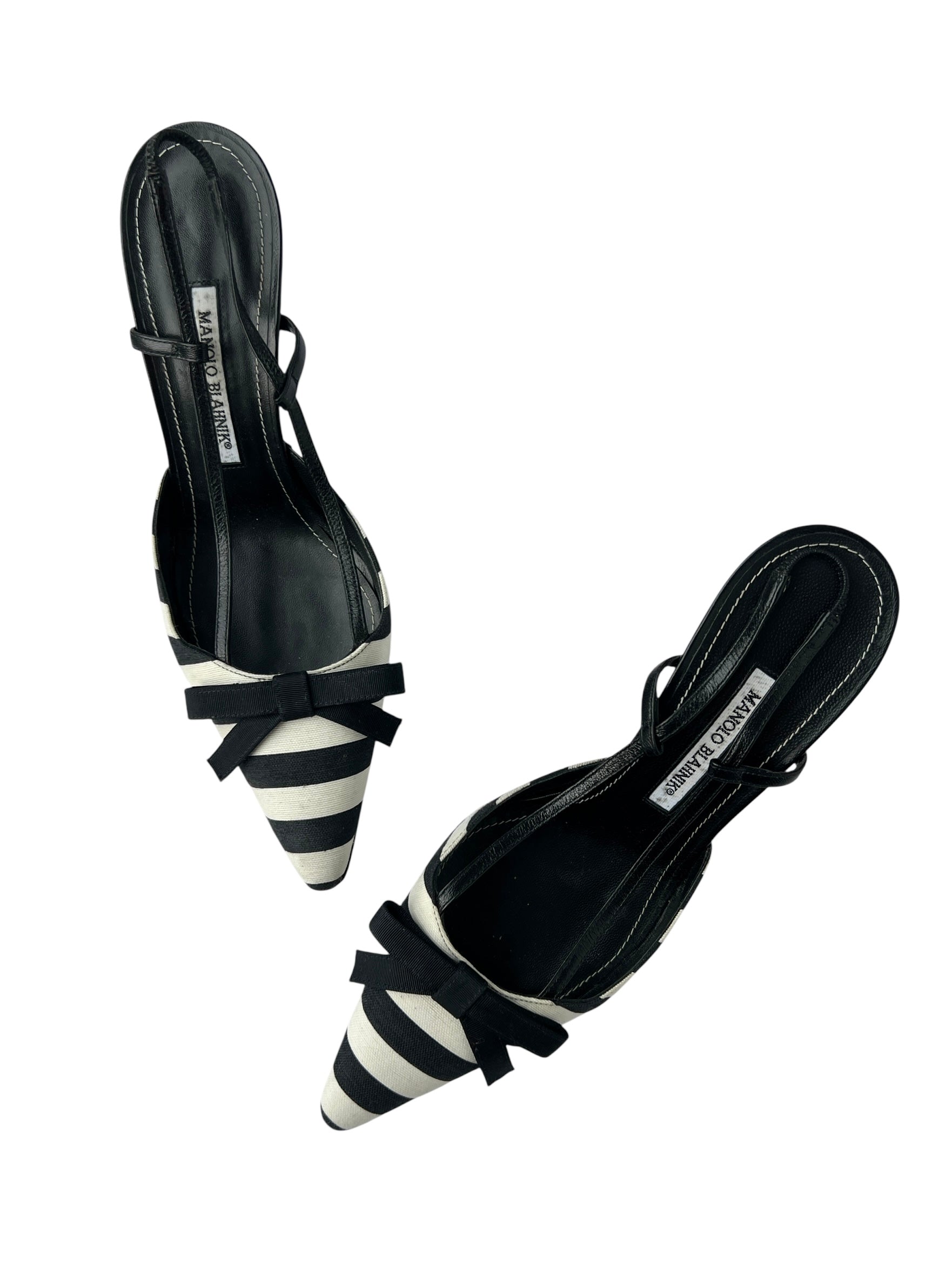 Manolo Blahnik Black White Stripe Bow Slingback Heels - 40.5