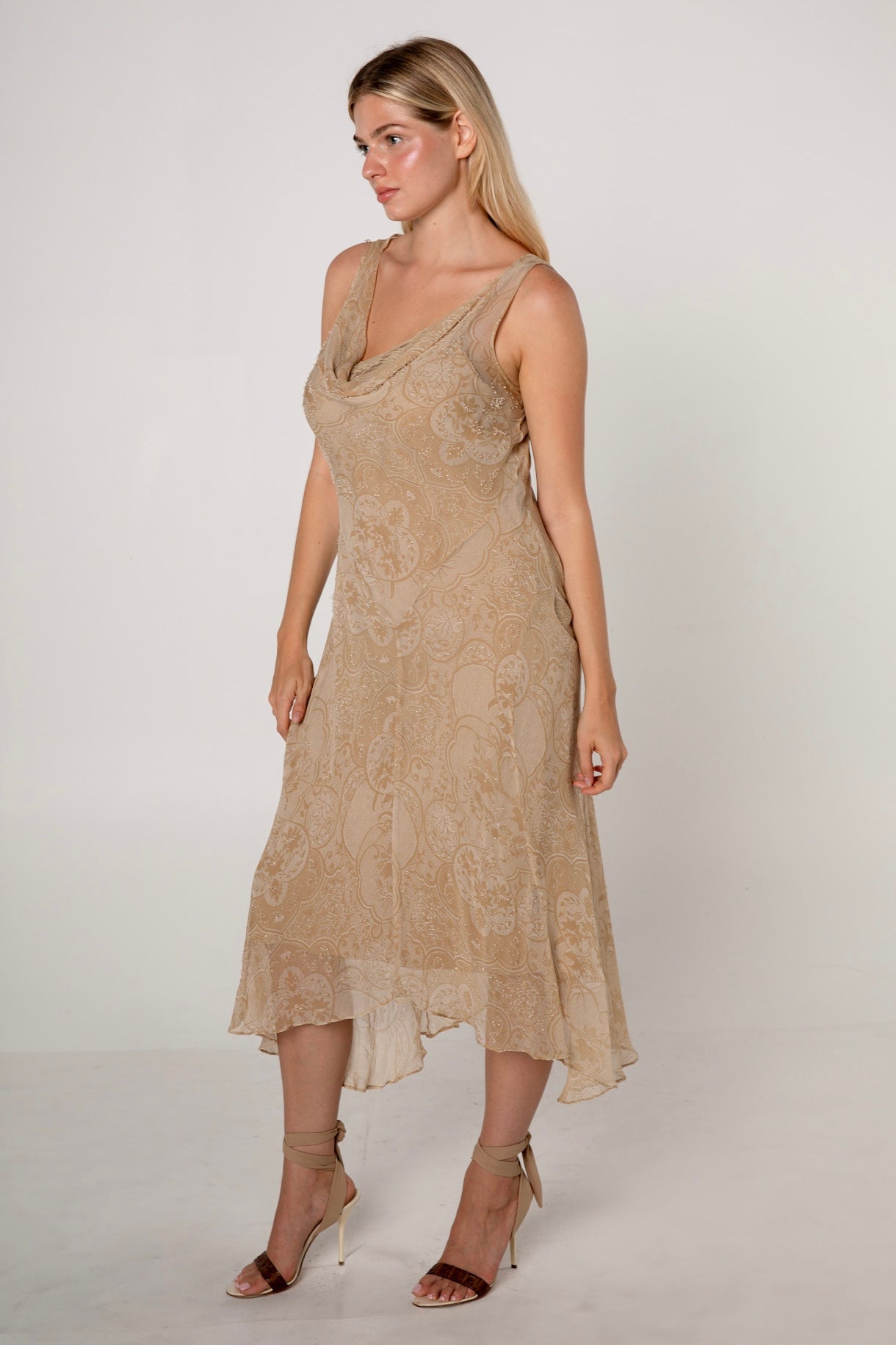 Gold Floral Printed Silk Chiffon Beaded Dress