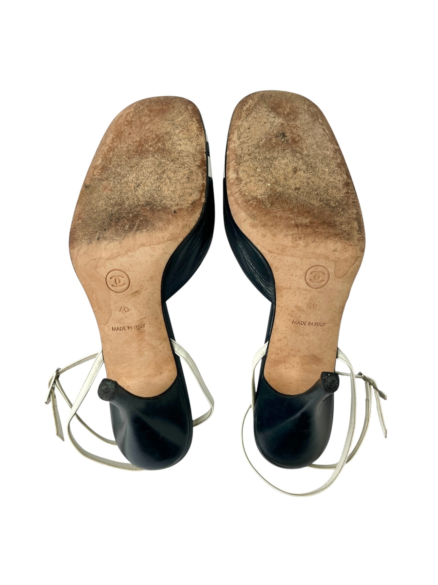 Chanel Navy & White Stripe Ankle Strap Heels - 40