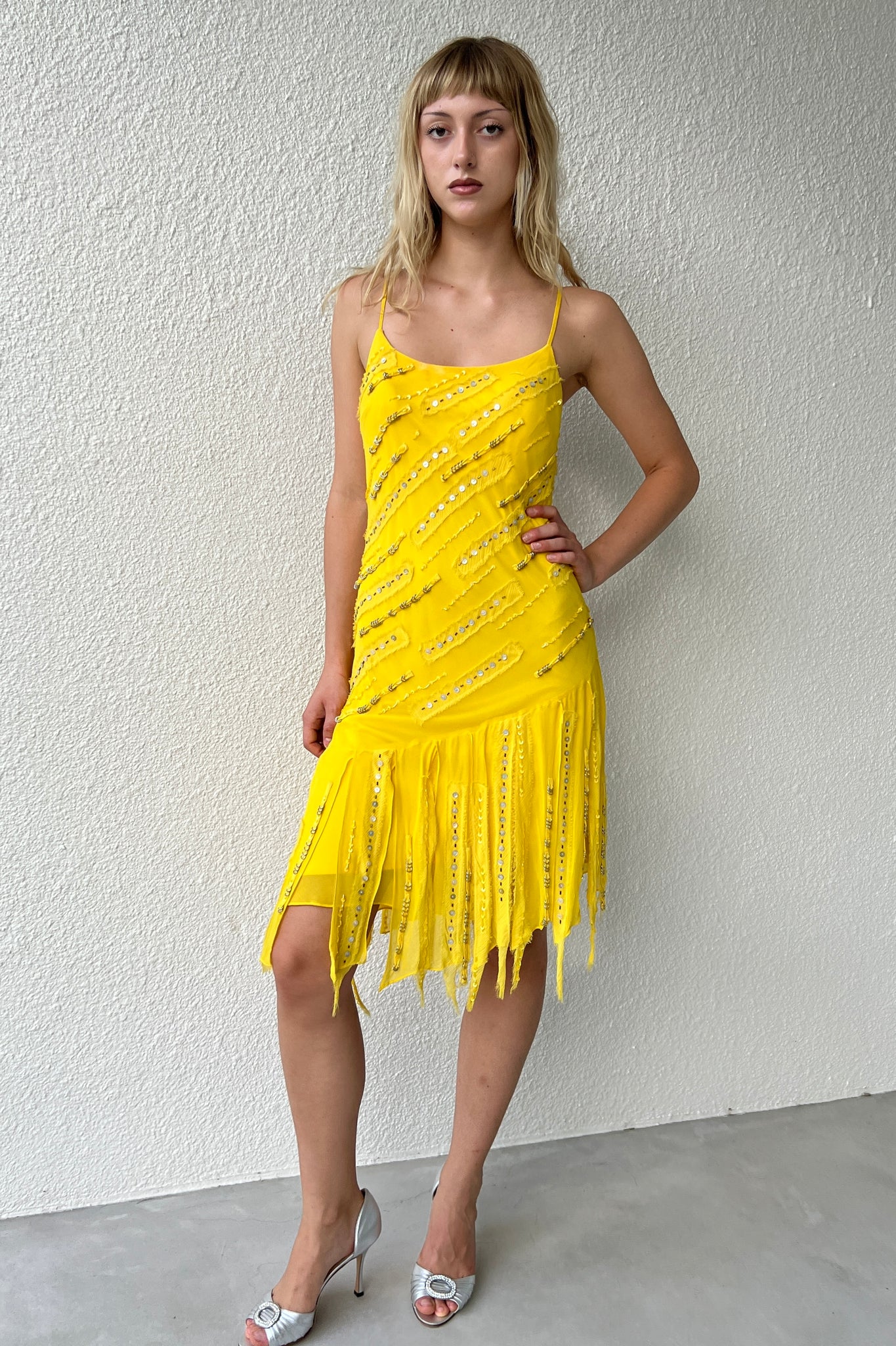 Sue Wong Yellow Beaded Silk Fringe Dress