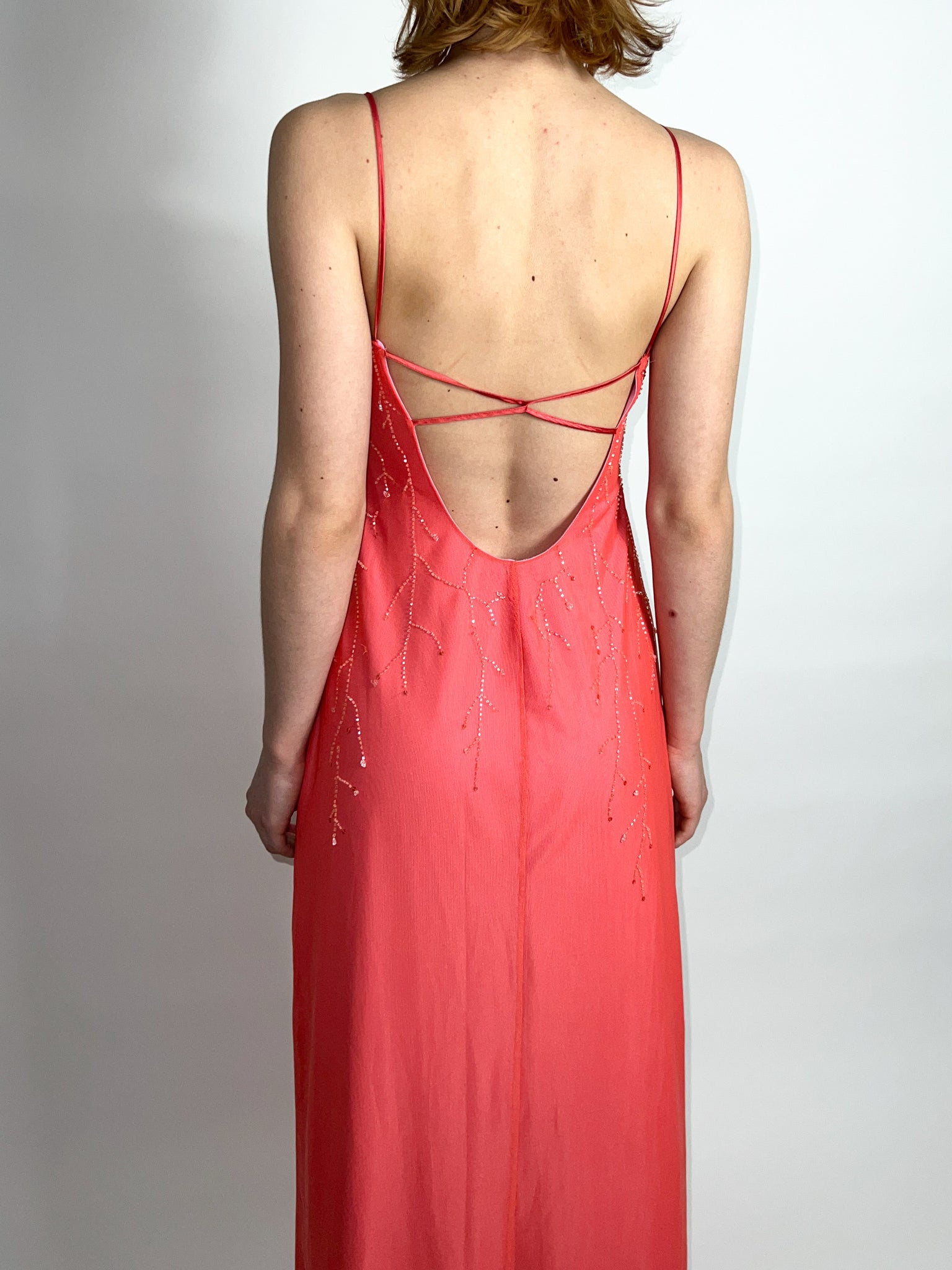 Coral Beaded Mesh Gown