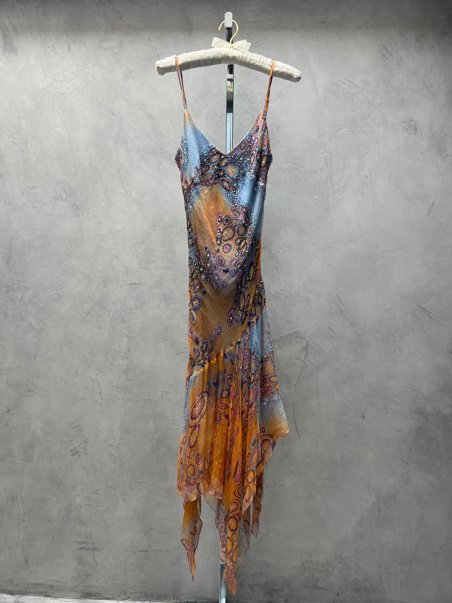 Sue Wong Orange Blue Ombré Printed Beaded Dress